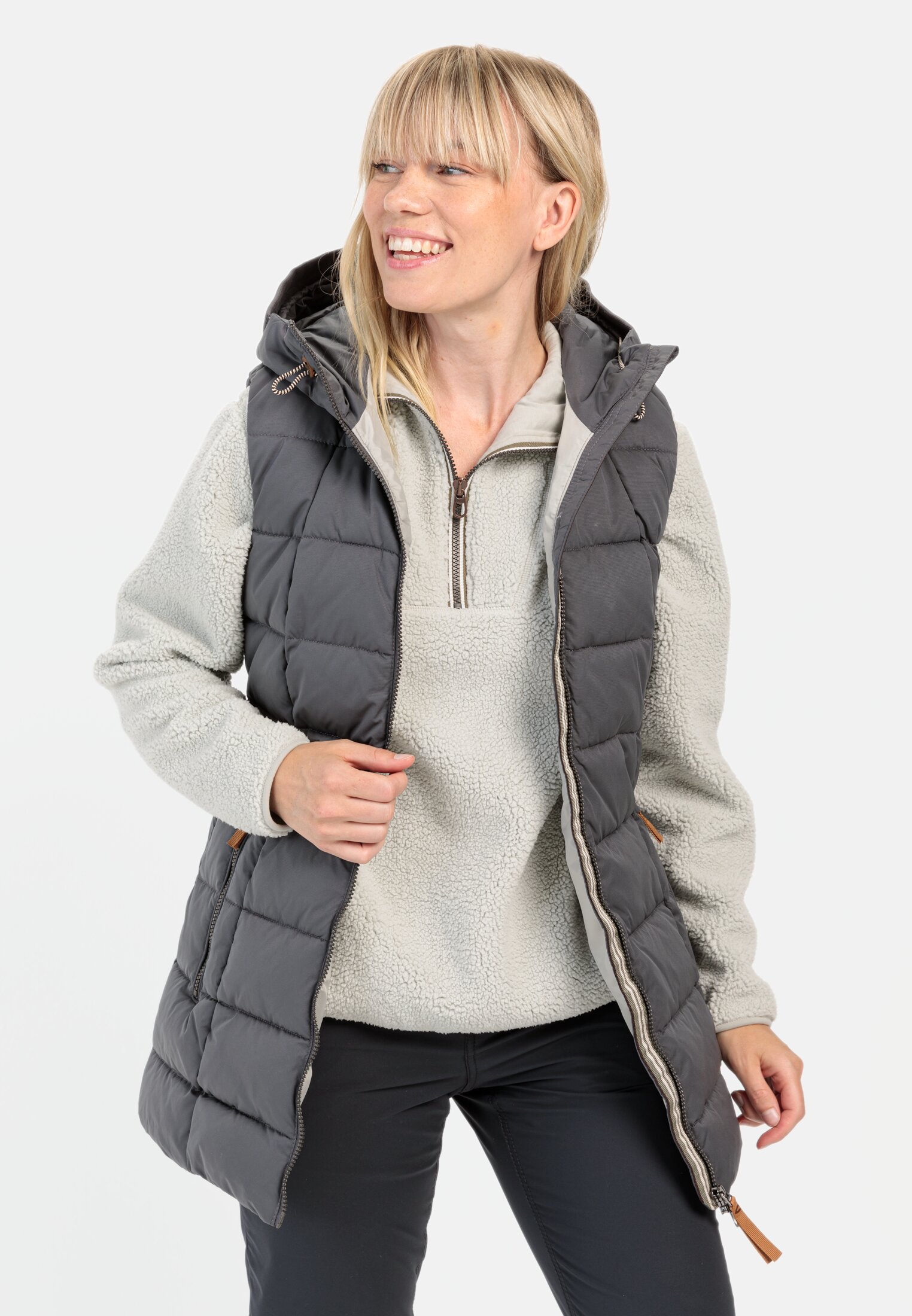 Women Long vest with hood Dark Blue worn front