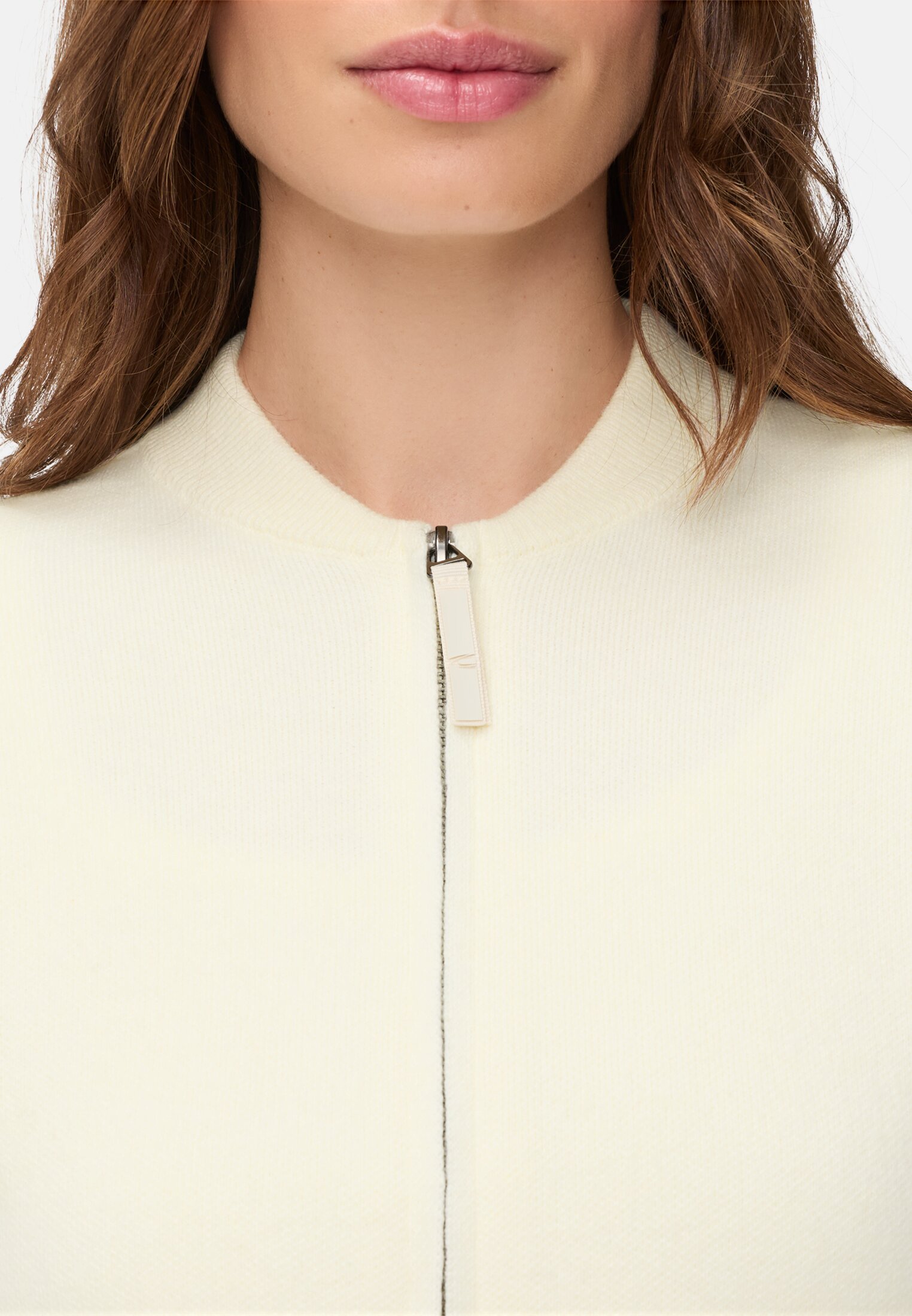 Women Bomber style cardigan Milk White worn detail close