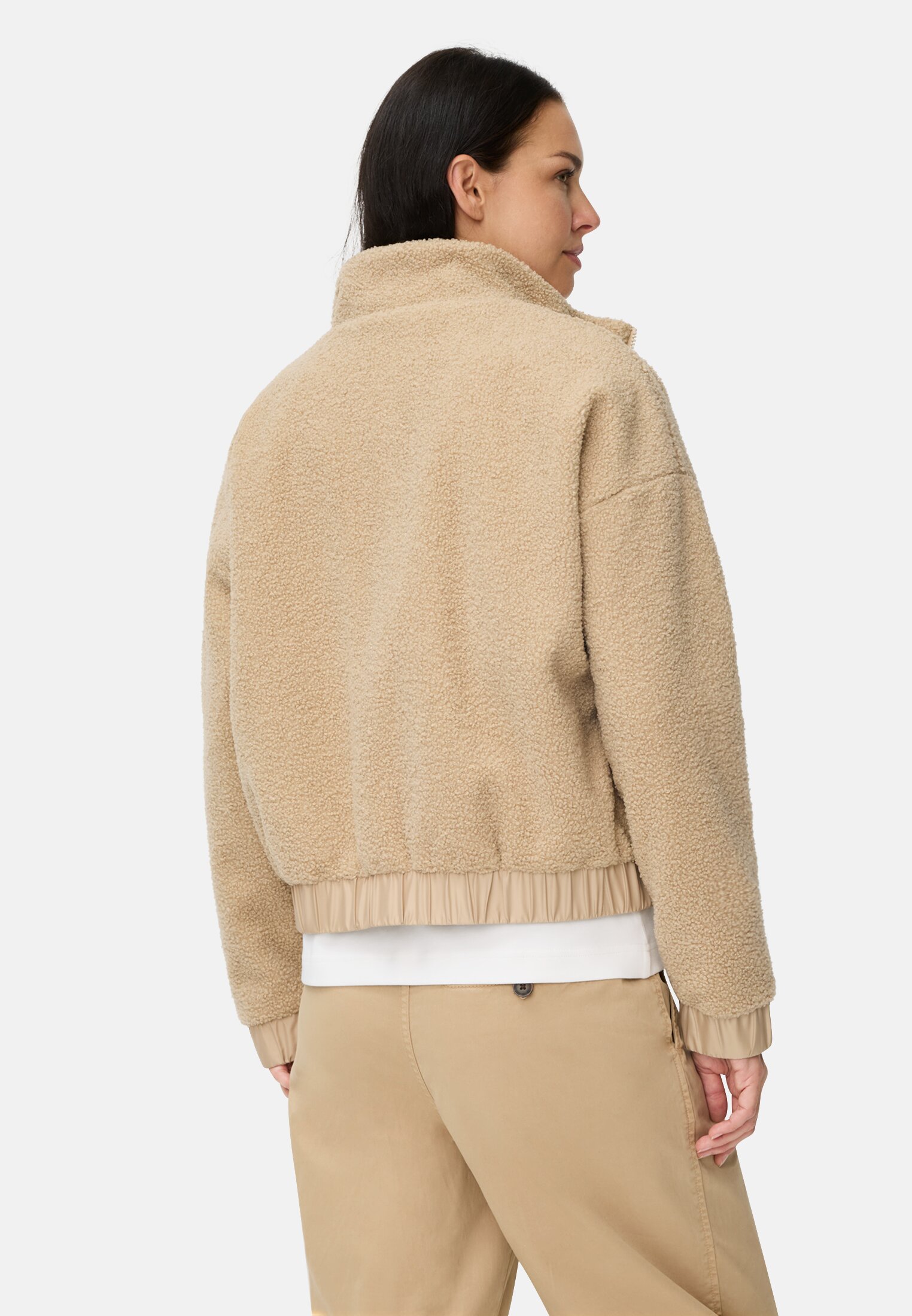 Women Teddy Jacket with stand-up collar and 2-way zipper Cashmere worn back