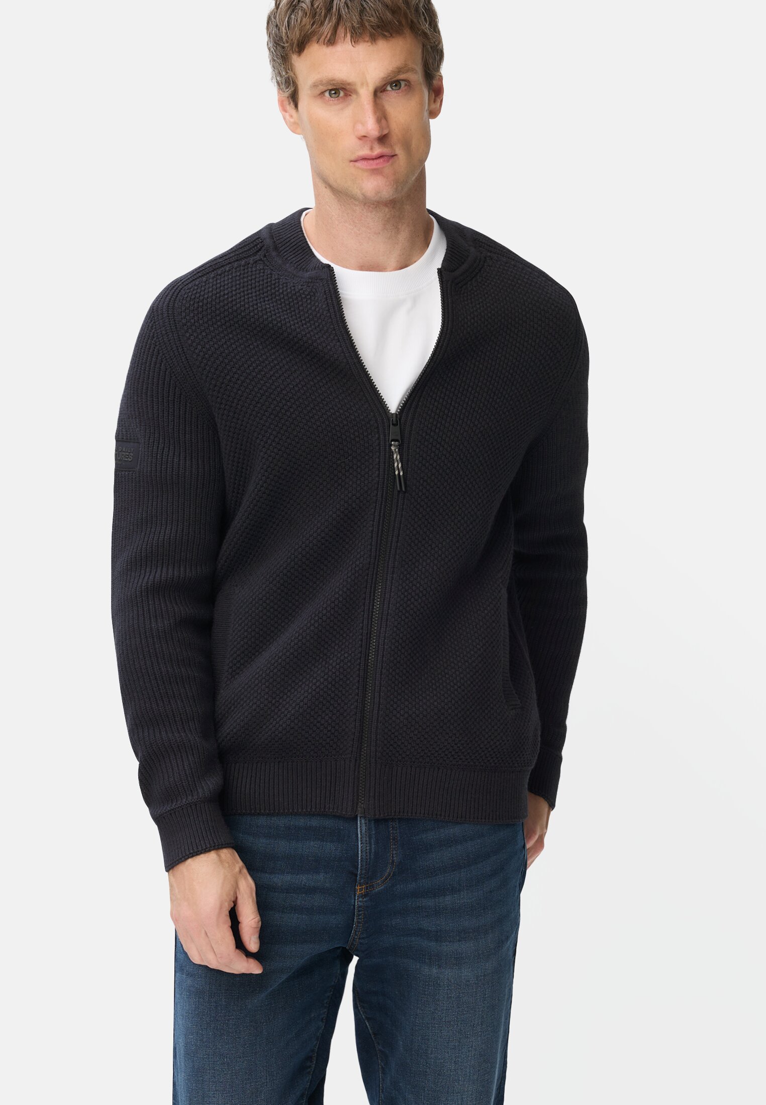 Men Cardigan with bomber collar Navyblue worn emotional