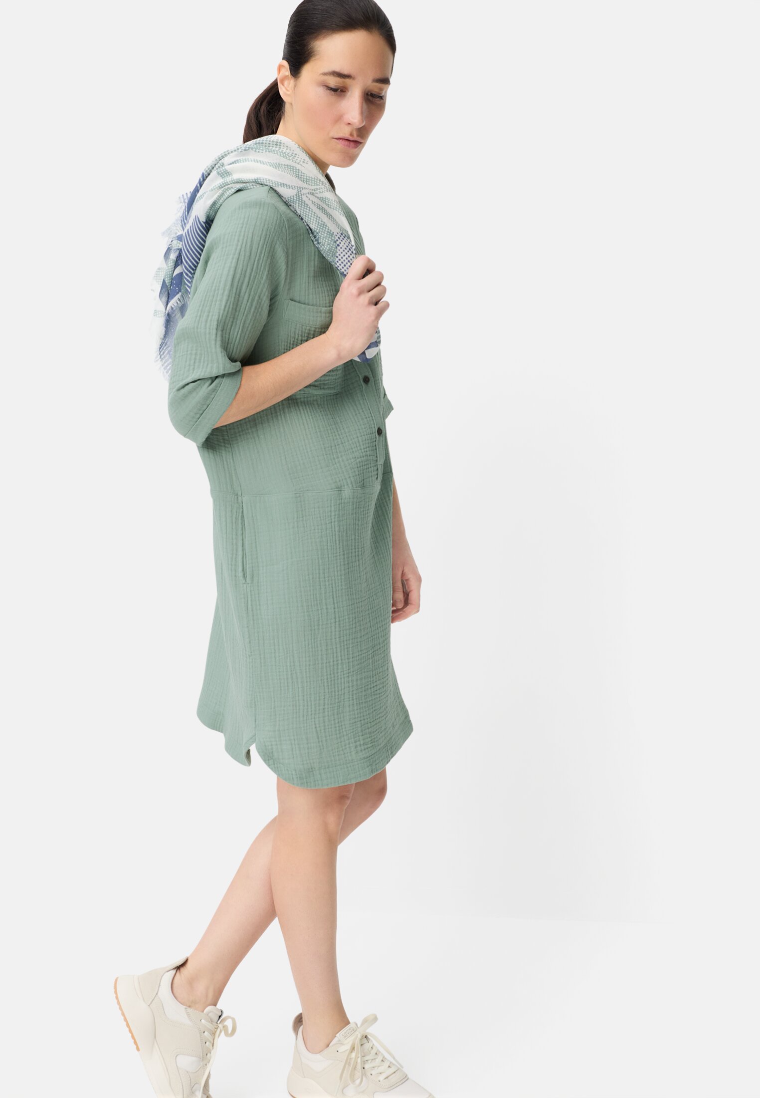 Women Summer dress with button placket Jade Blue worn emotional