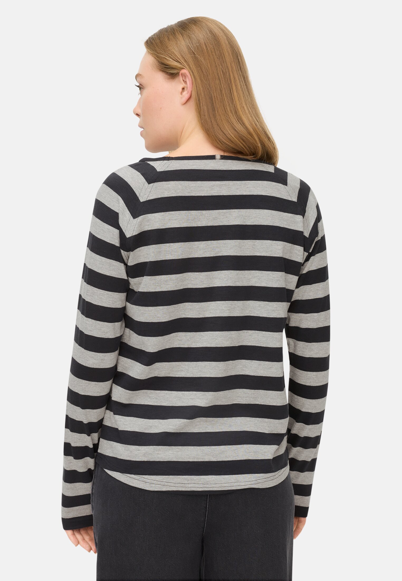 Damen Gestreiftes Langarmshirt mit Raglanärmeln Kaviar getragen hinten