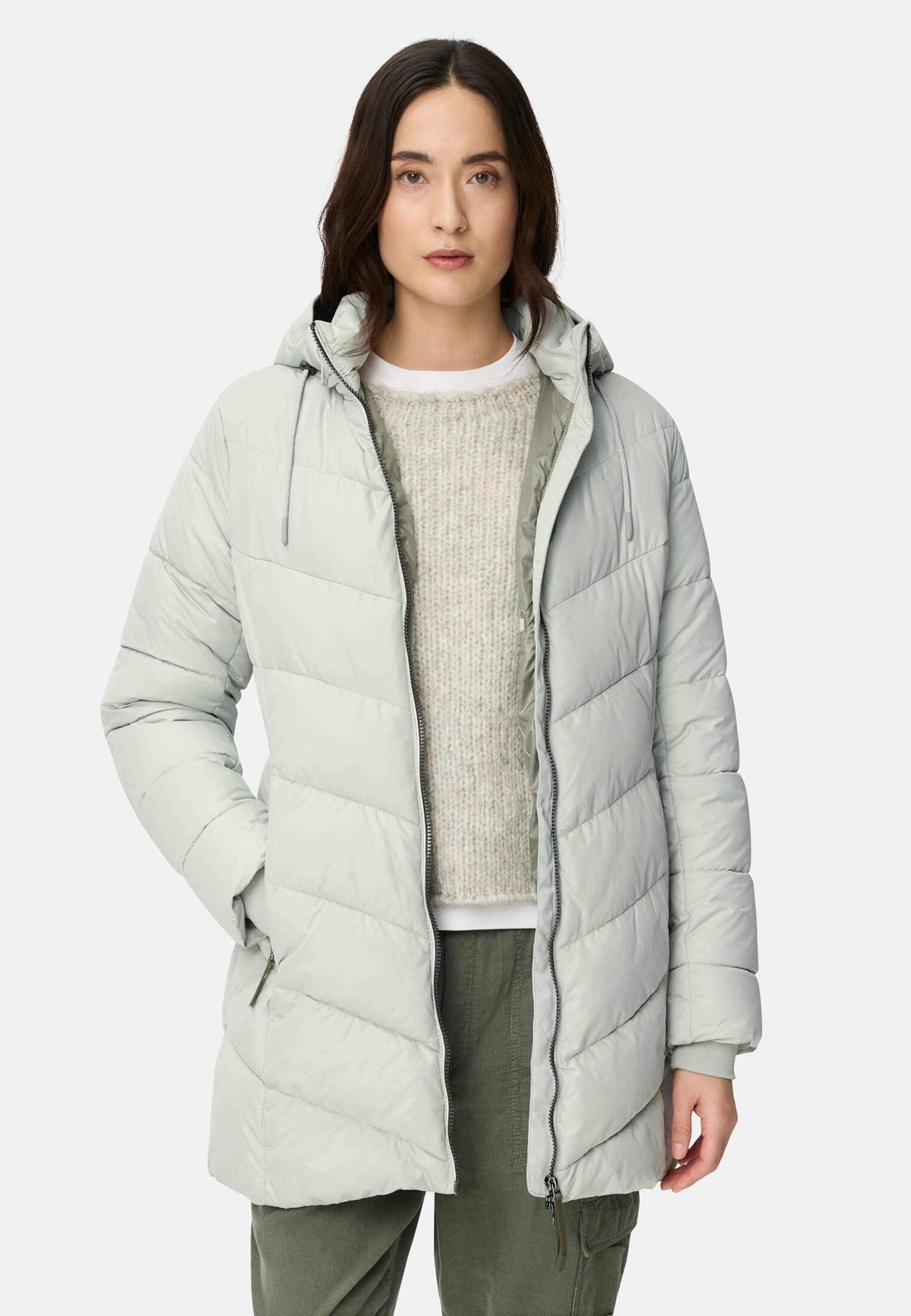 Women Padded jacket with detachable hood Sage worn front