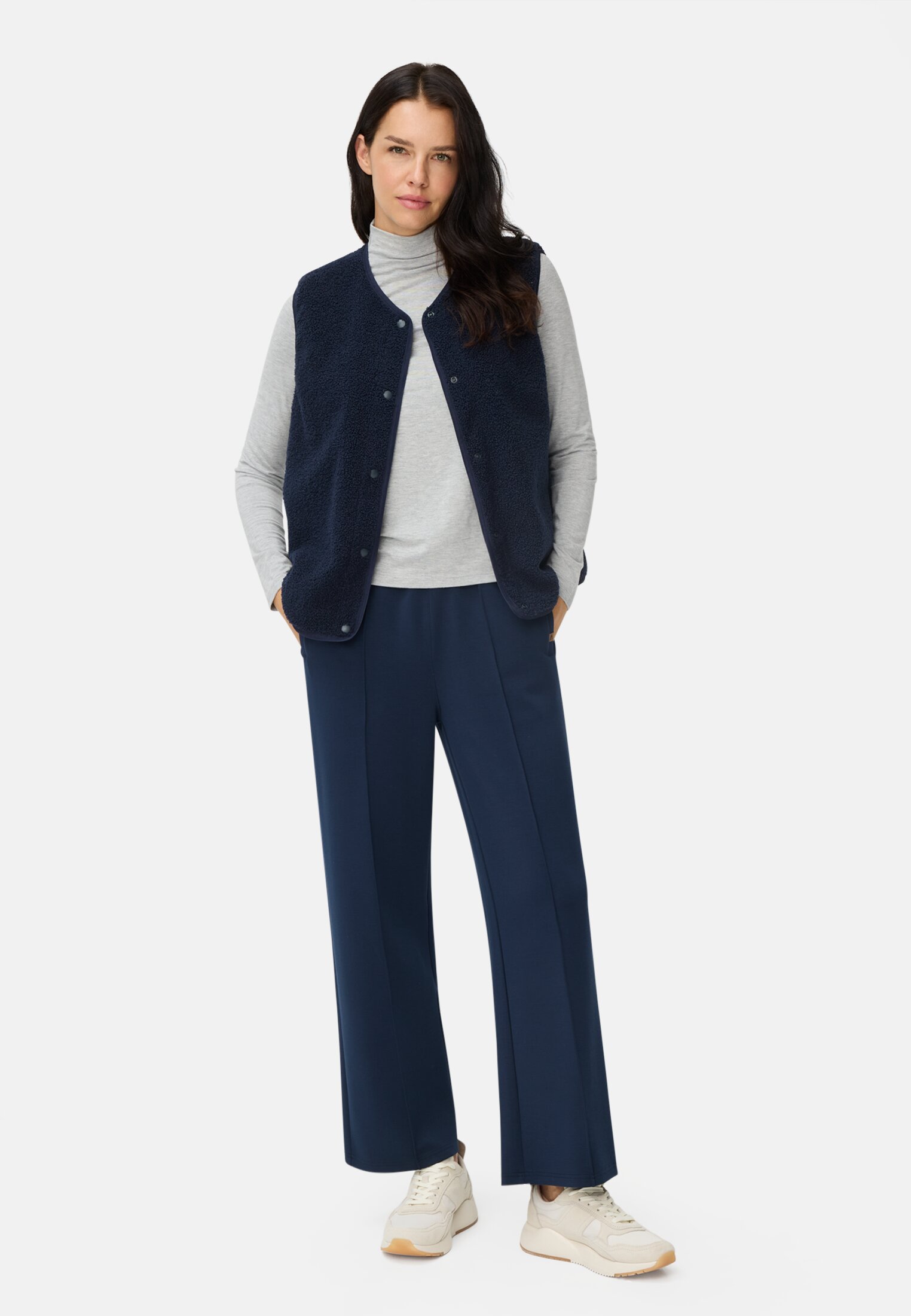 Vrouwen Fleece vest met knoopsluiting Donkerblauw gedragen voor lichaam compleet 