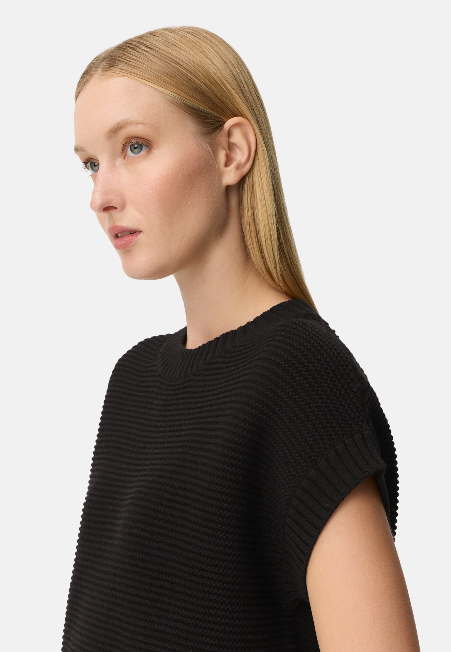 Vrouwen Gebreide trui van een katoenmix Kaviaar gedragen detail dichtbij