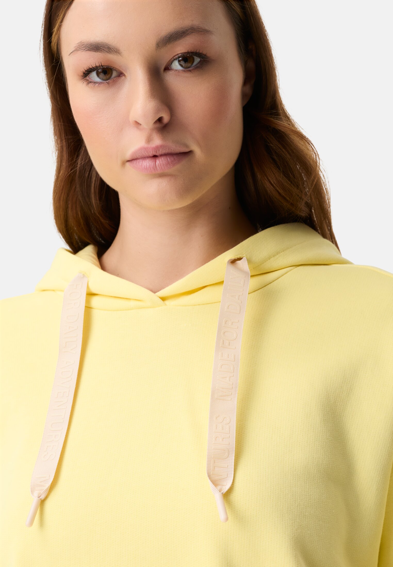 Women Hoodie made of pure cotton Lemon Yellow worn detail close