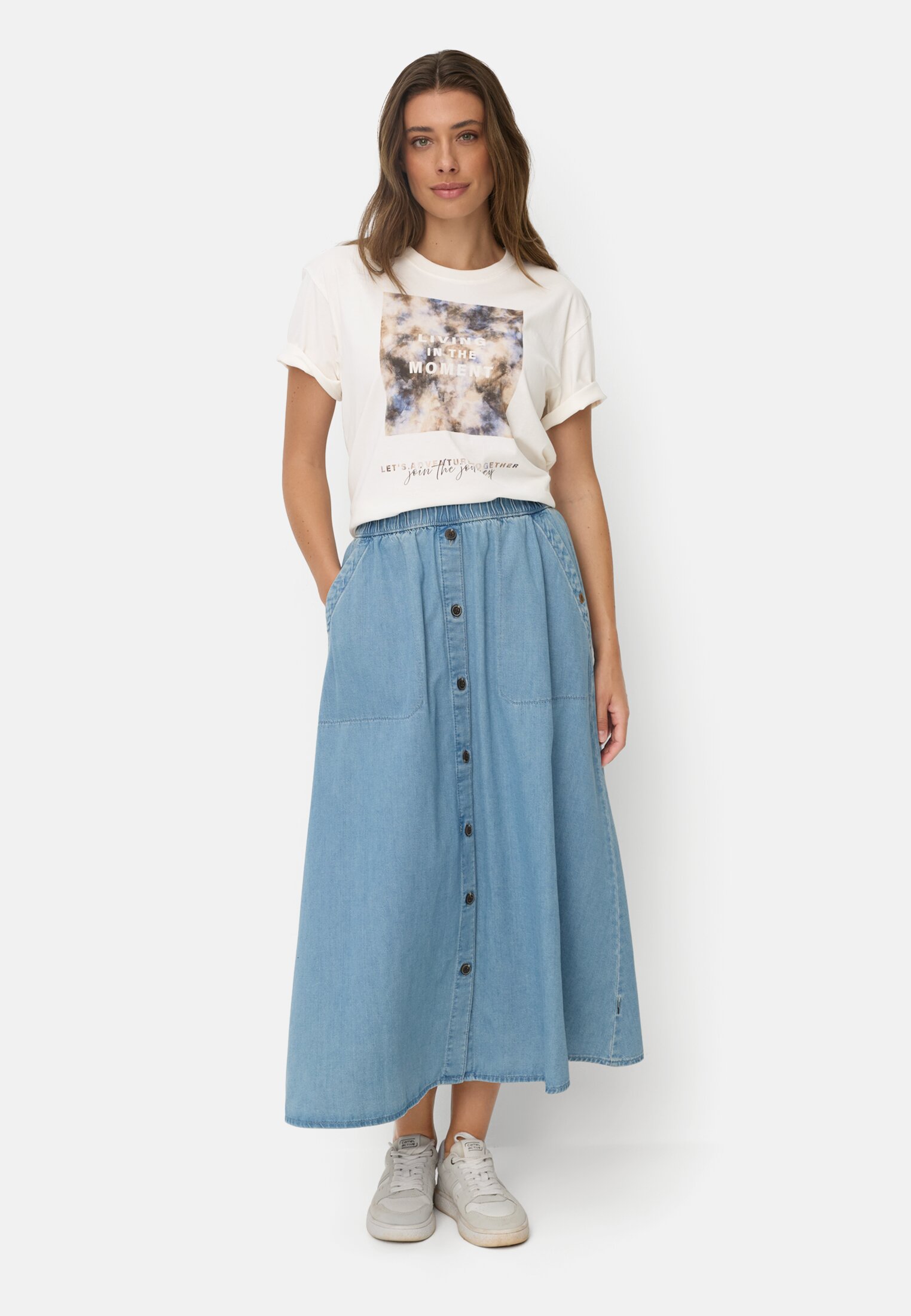 Women Printed T-shirt made of 100% cotton Milky white worn front full body