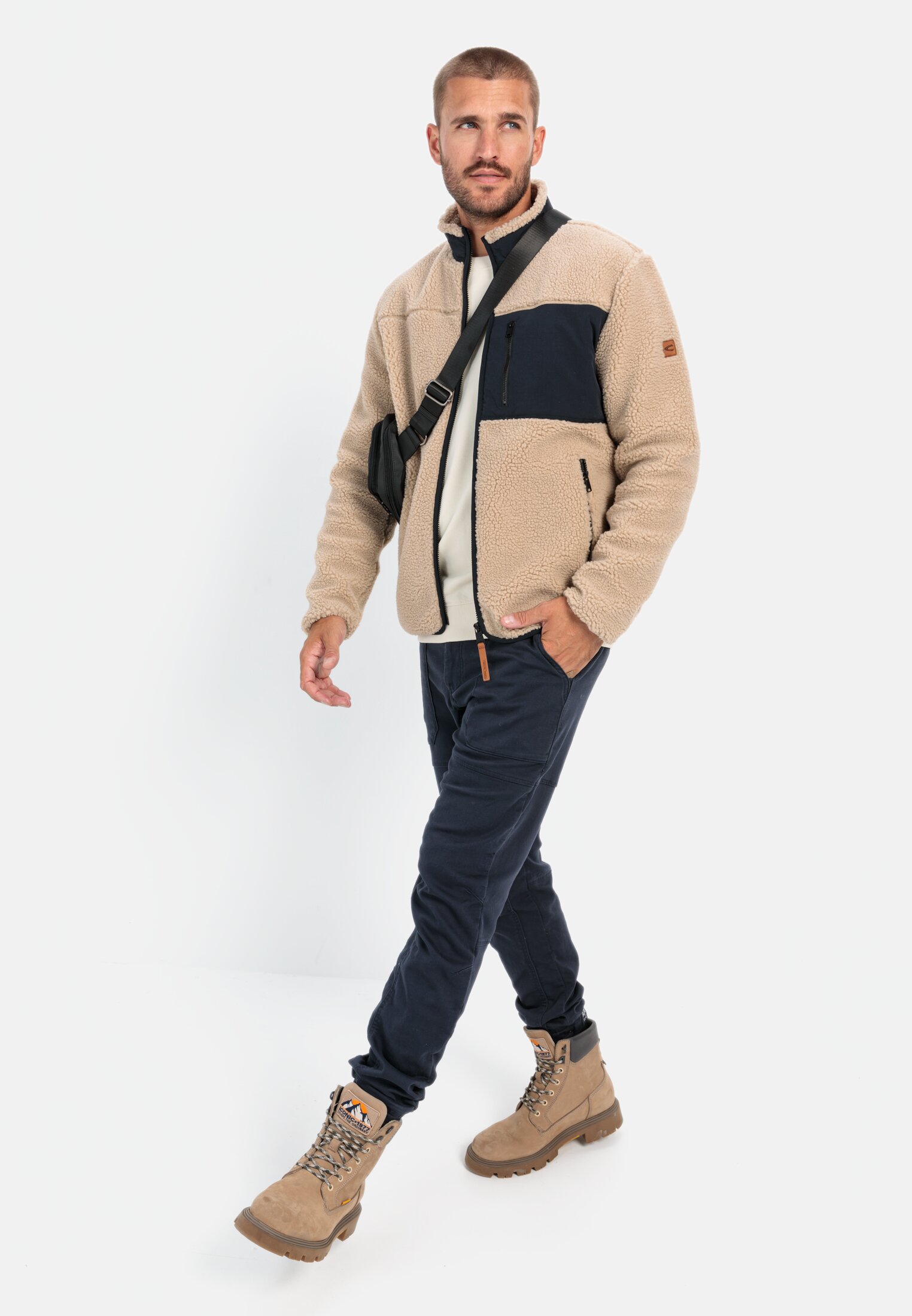 Men Fleece overshirt with stand-up collar Beige worn front full body