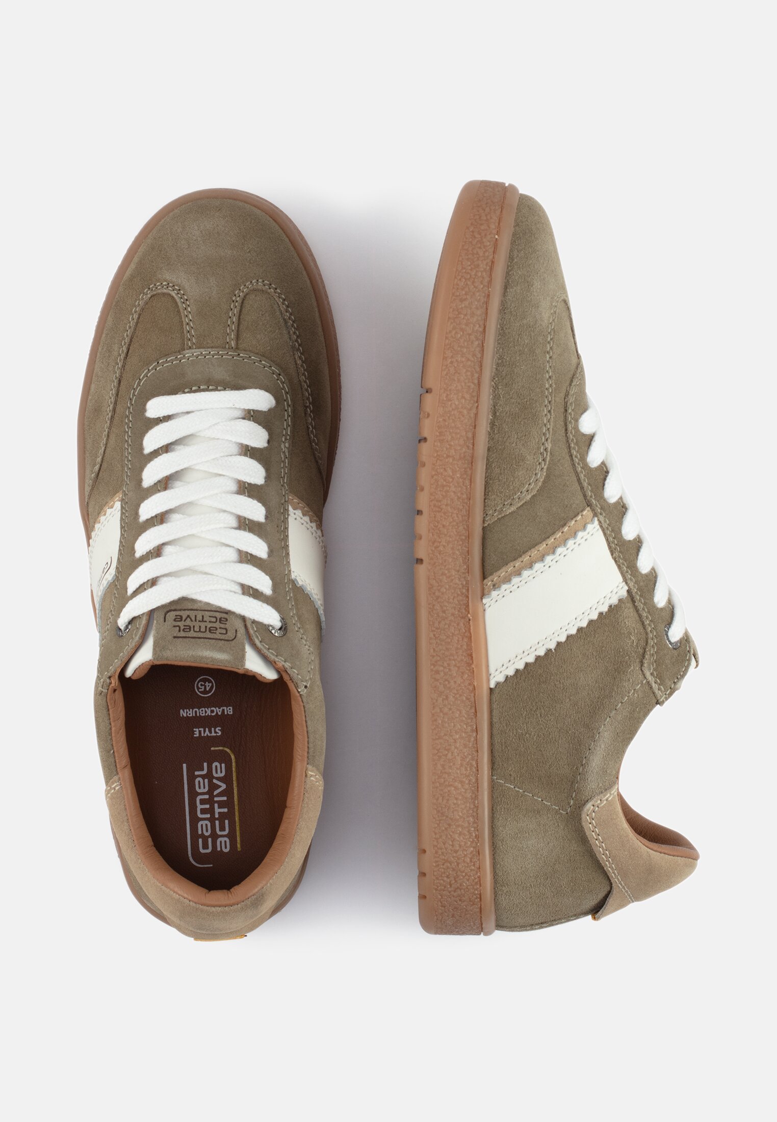 MI_55BNA10-0200-865_1G-00 Herren Sneaker aus Veloursleder Hellkhaki-Weiß frontal oben