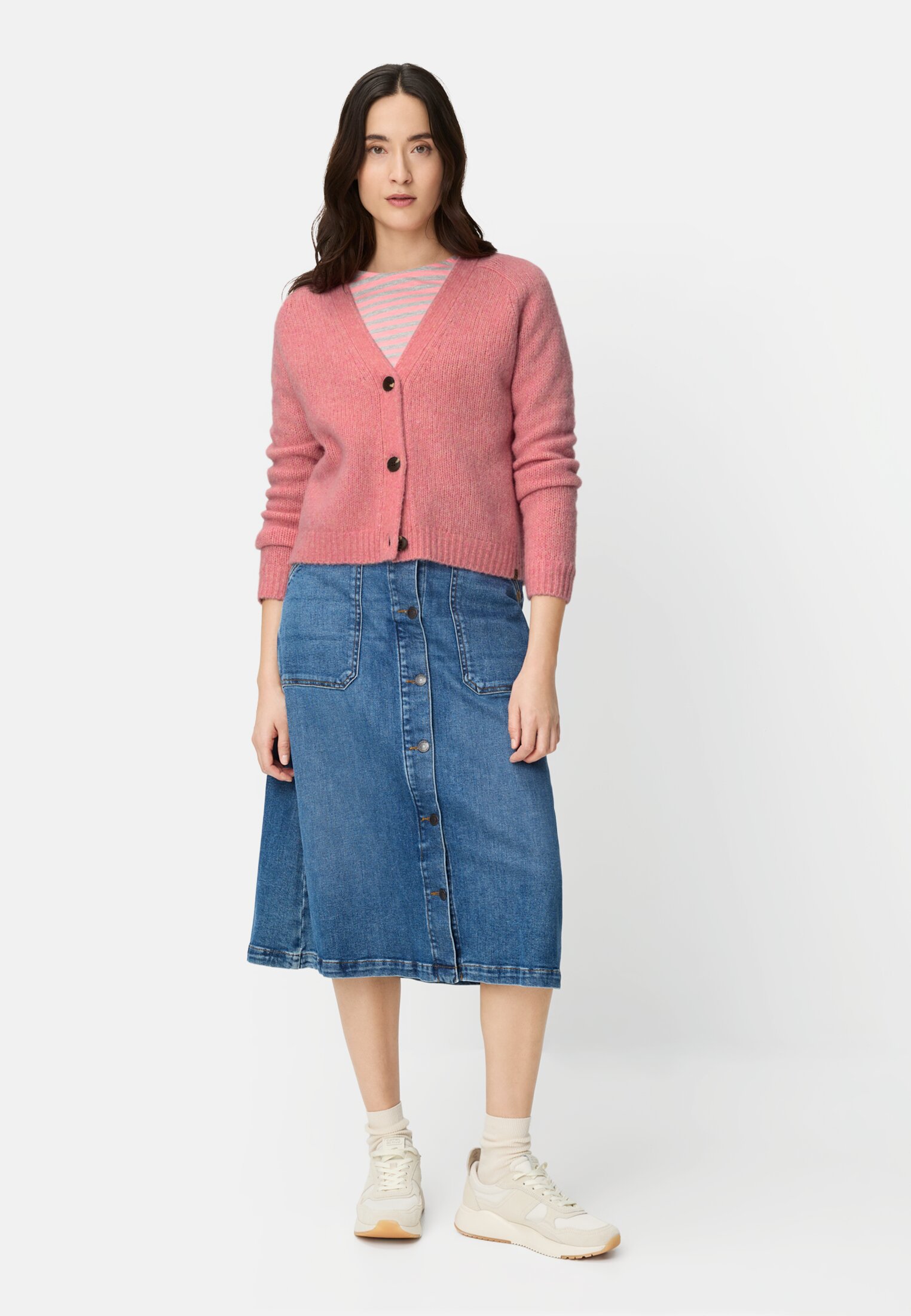 Women Cardigan with raglan sleeves and button closure Berry worn front full body