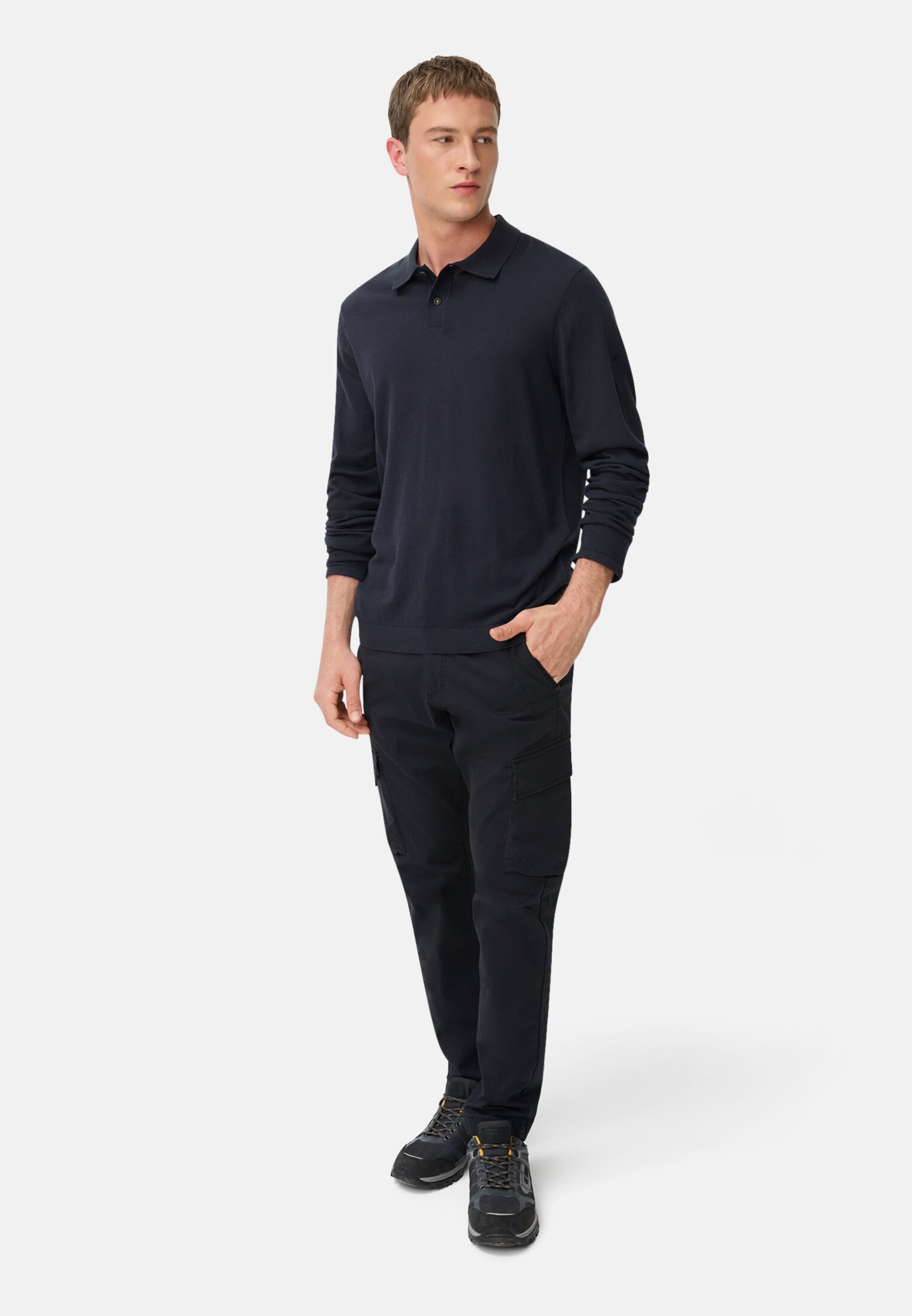 Men Light long-sleeve polo made of pure cotton Navy blue worn front full body