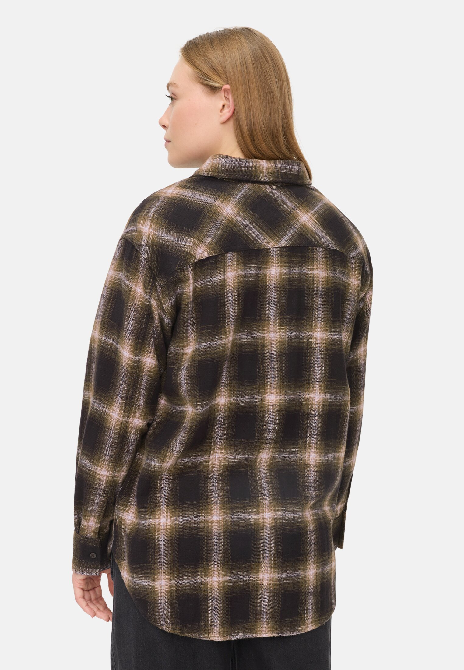 Damen Baumwollbluse mit Brusttasche Kaviar getragen hinten