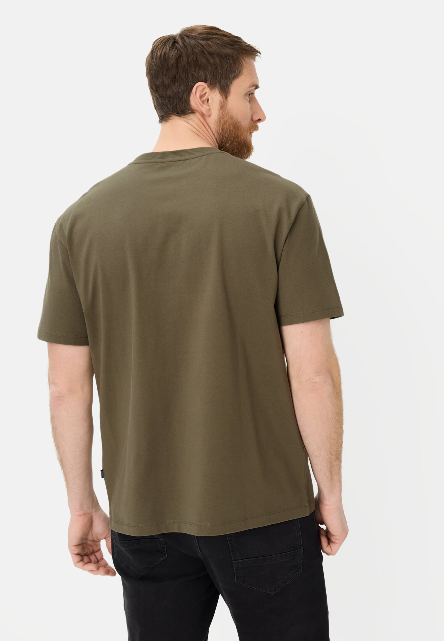 Heren T-shirt van puur katoen Olijfgroen gedragen achter