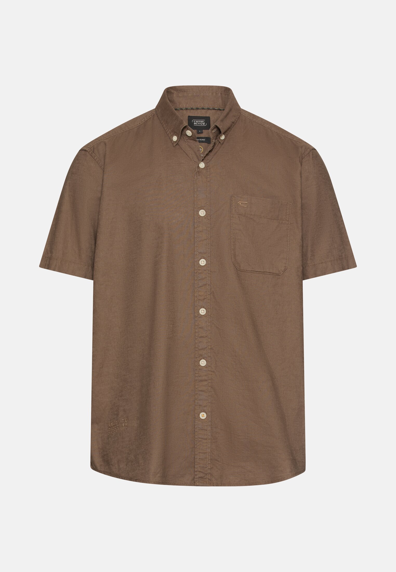 Heren Korte mouwen shirt van linnenmix Modderbruin frontaal voor