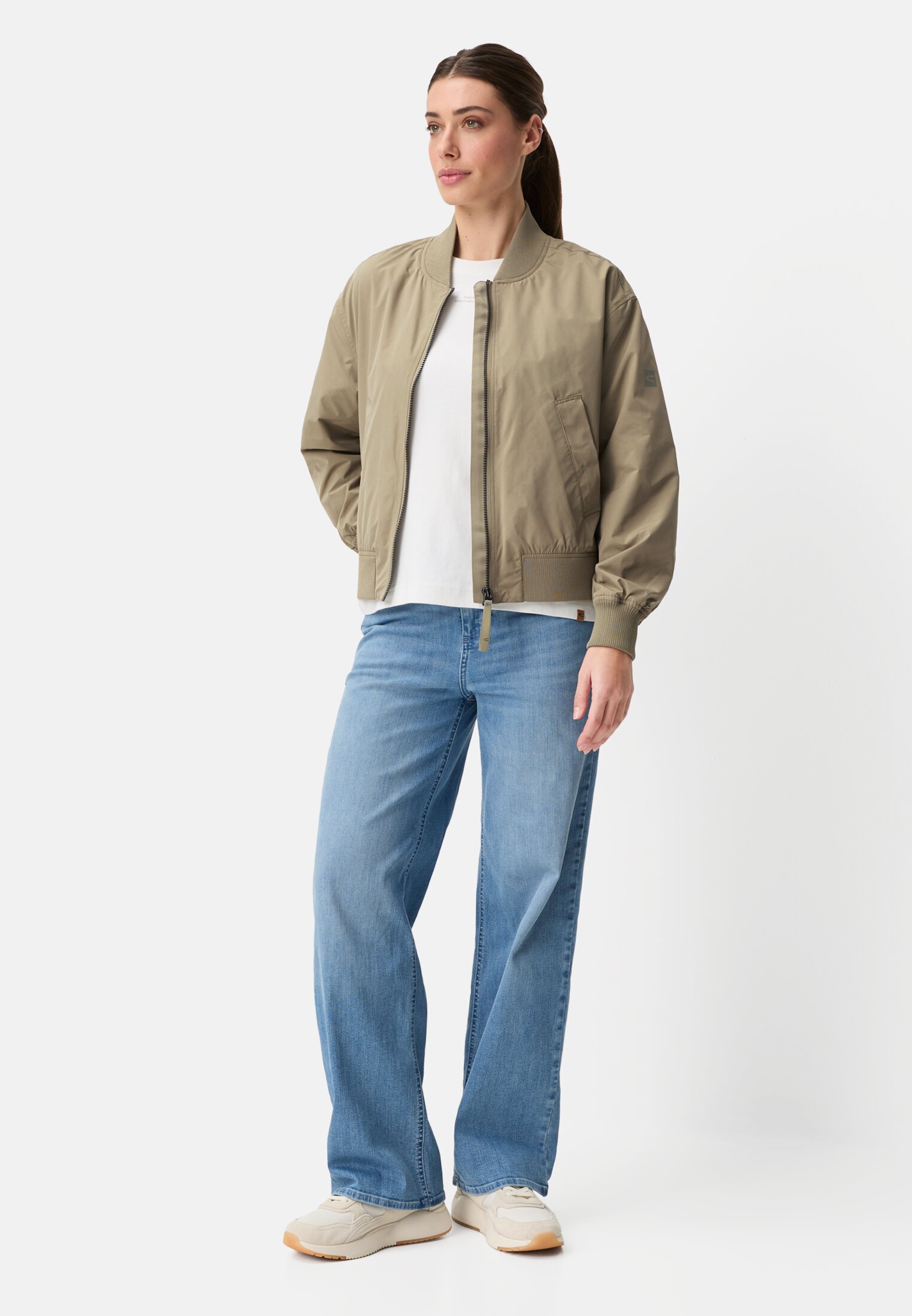 Women Bomber jacket with pockets Sage worn front full body