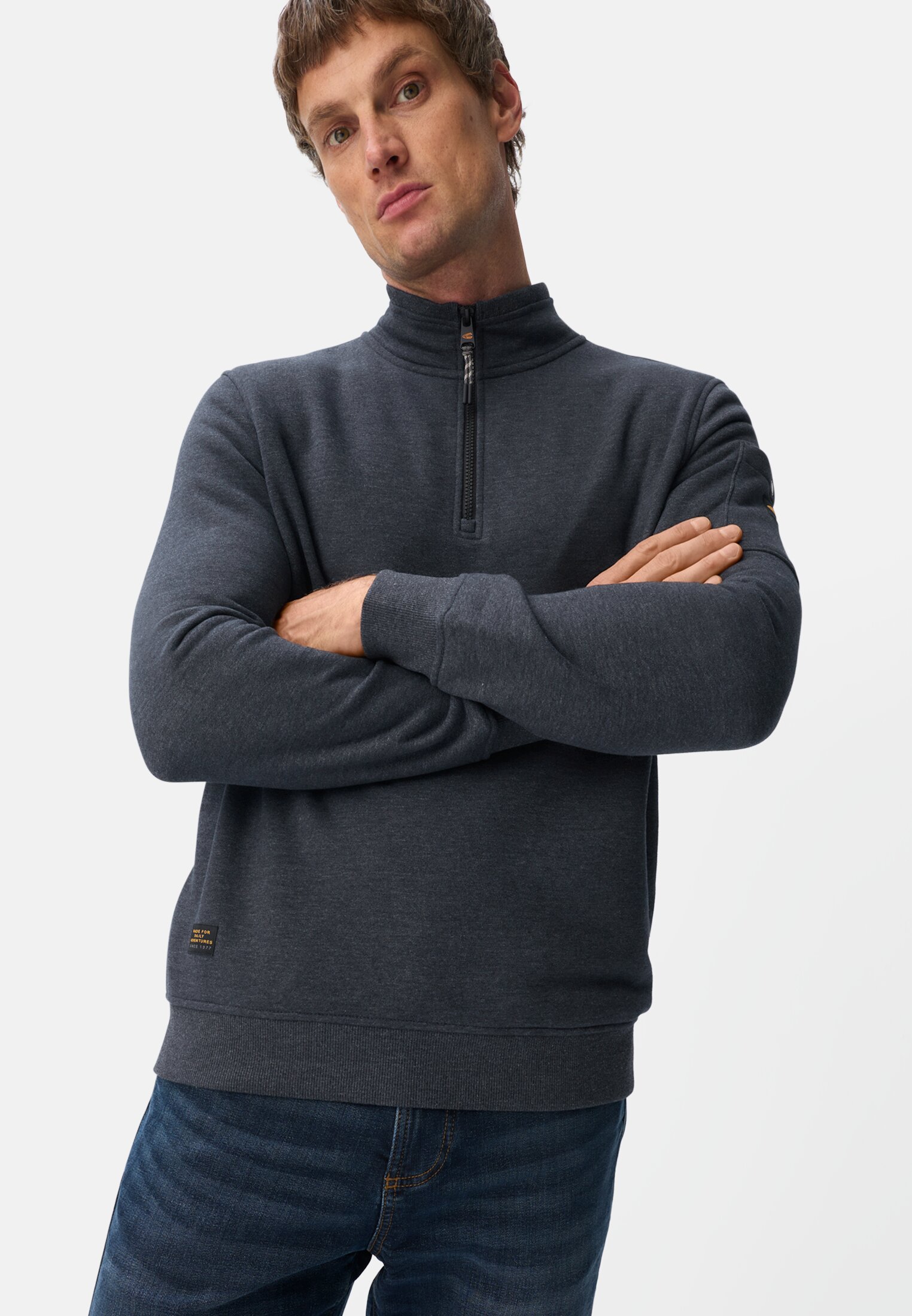 Men Sweatshirt with Troyer collar Navy blue worn emotional