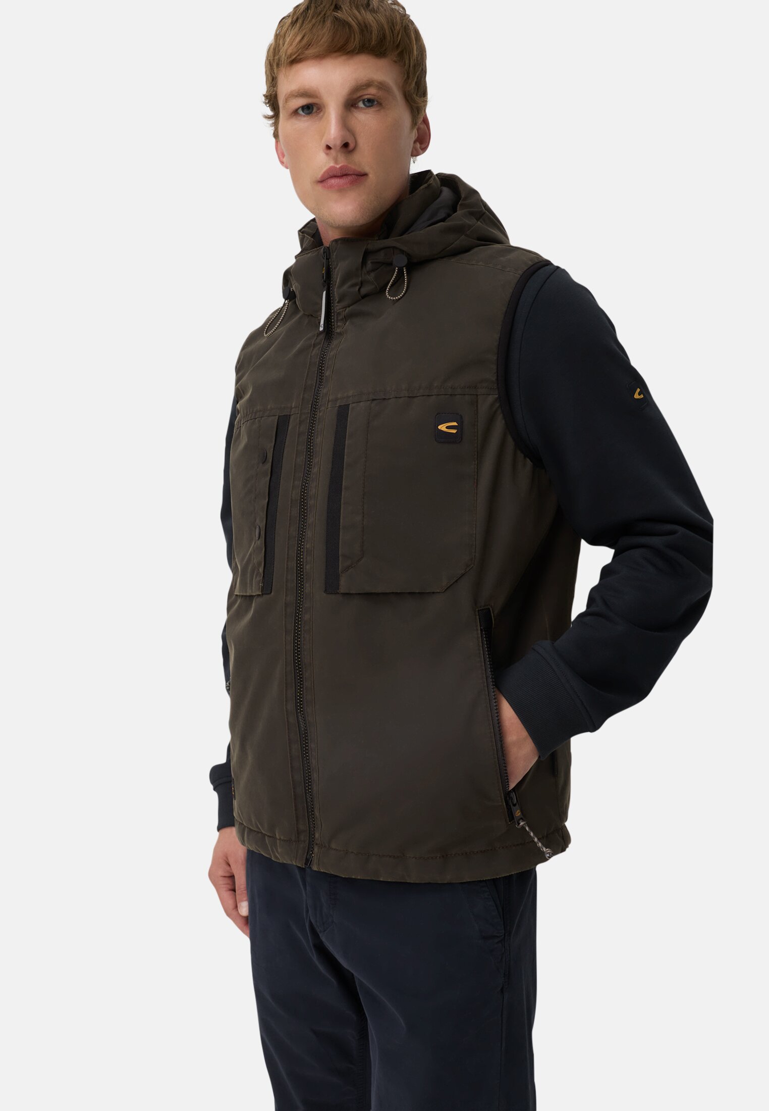 Men Outdoor vest with removable hood Dark brown worn emotional