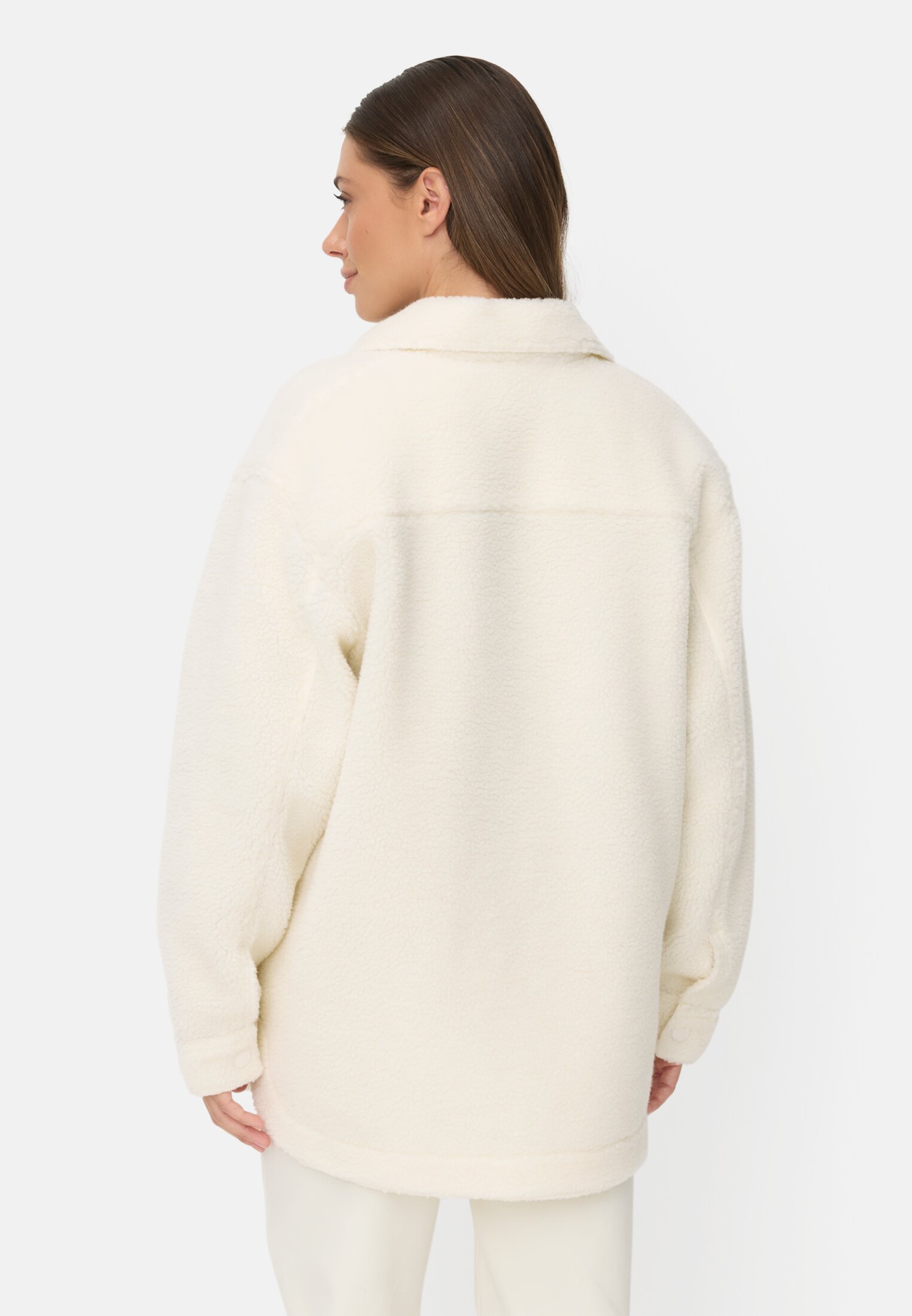 Damen Teddyblazer mit Seitentaschen Milchweiß getragen hinten