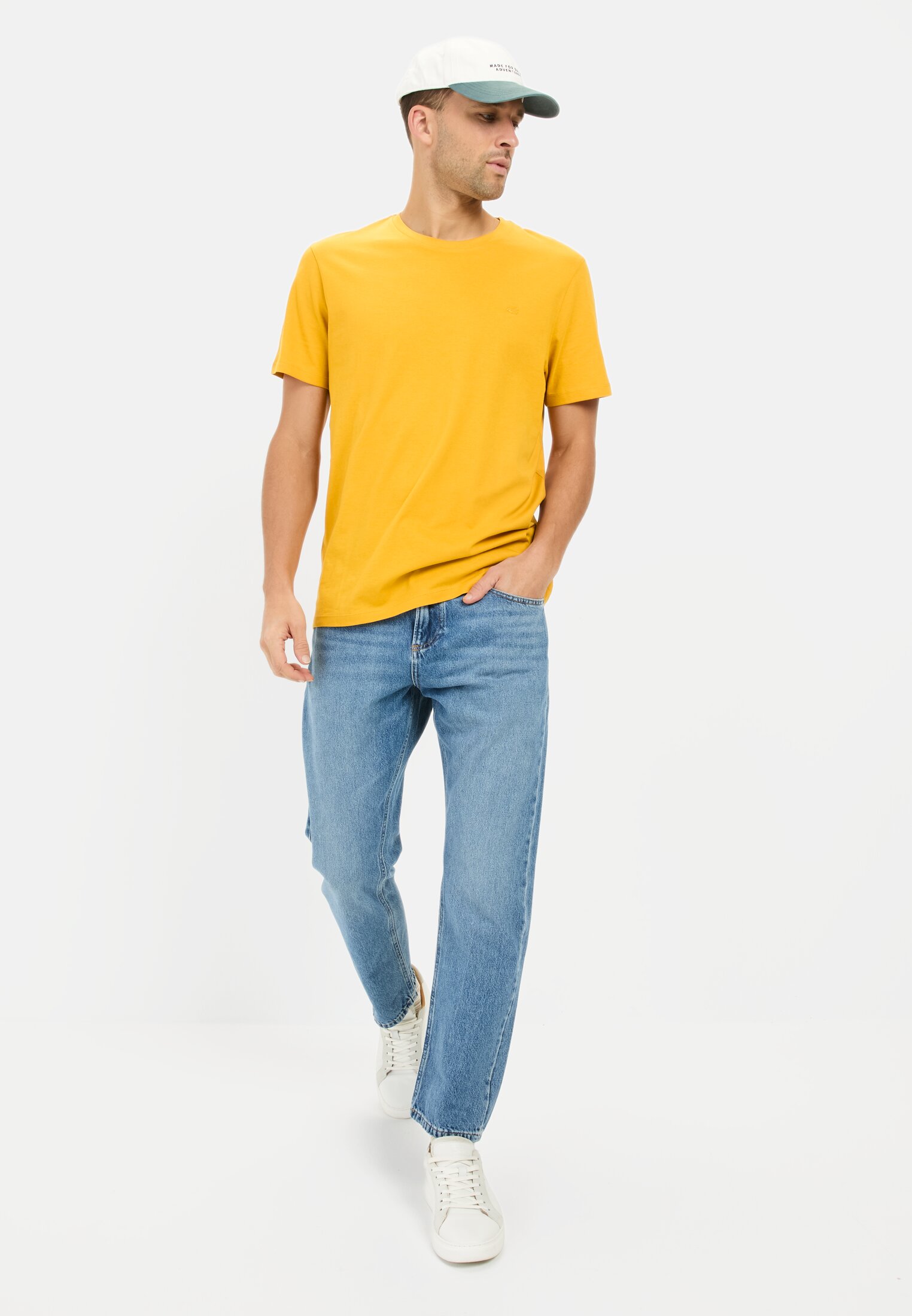 Men Basic T-shirt made of pure cotton Orange worn front full body