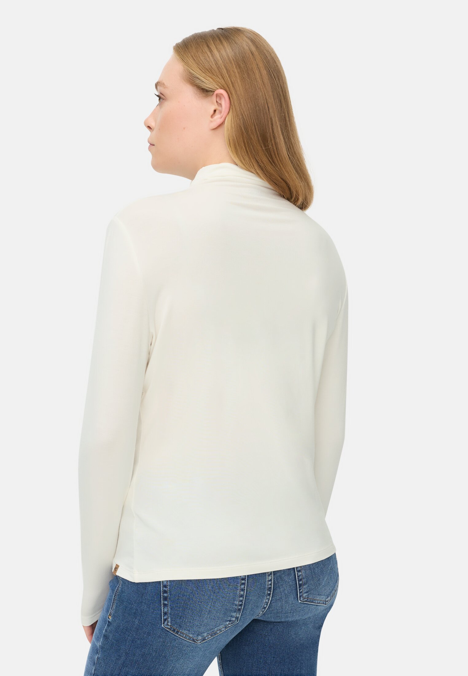 Women Long-sleeved shirt with stand-up collar Milk white worn back