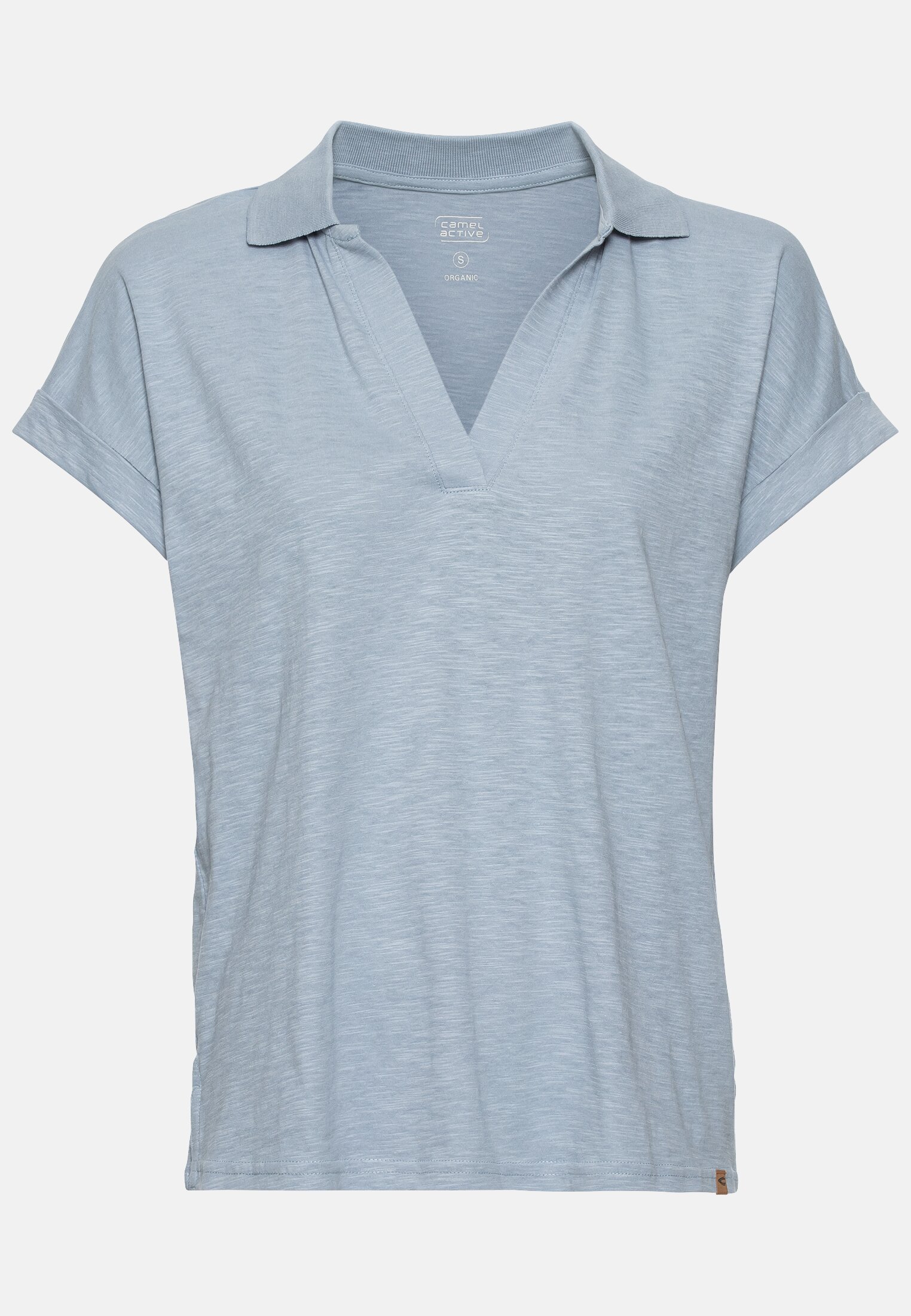 Damen T-Shirt mit Polokragen aus Organic Cotton Blau-Grau frontal vorn