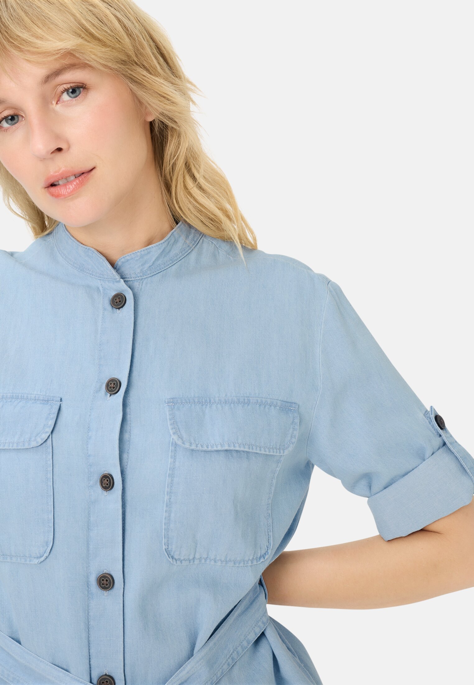 Women Summer dress with fabric tie belt Dark Blue worn detail close