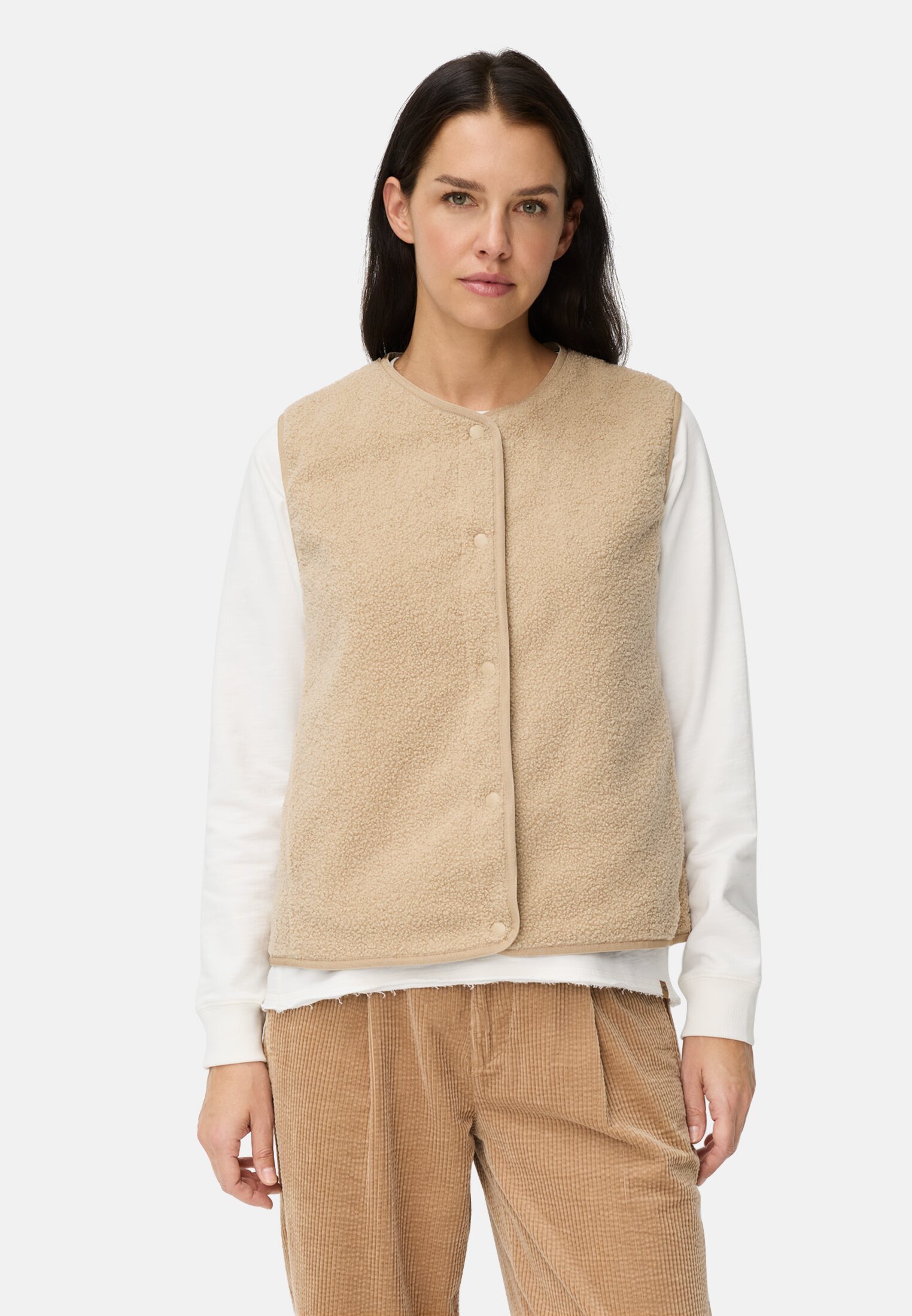 Women Fleece vest with button closure Cashmere worn front