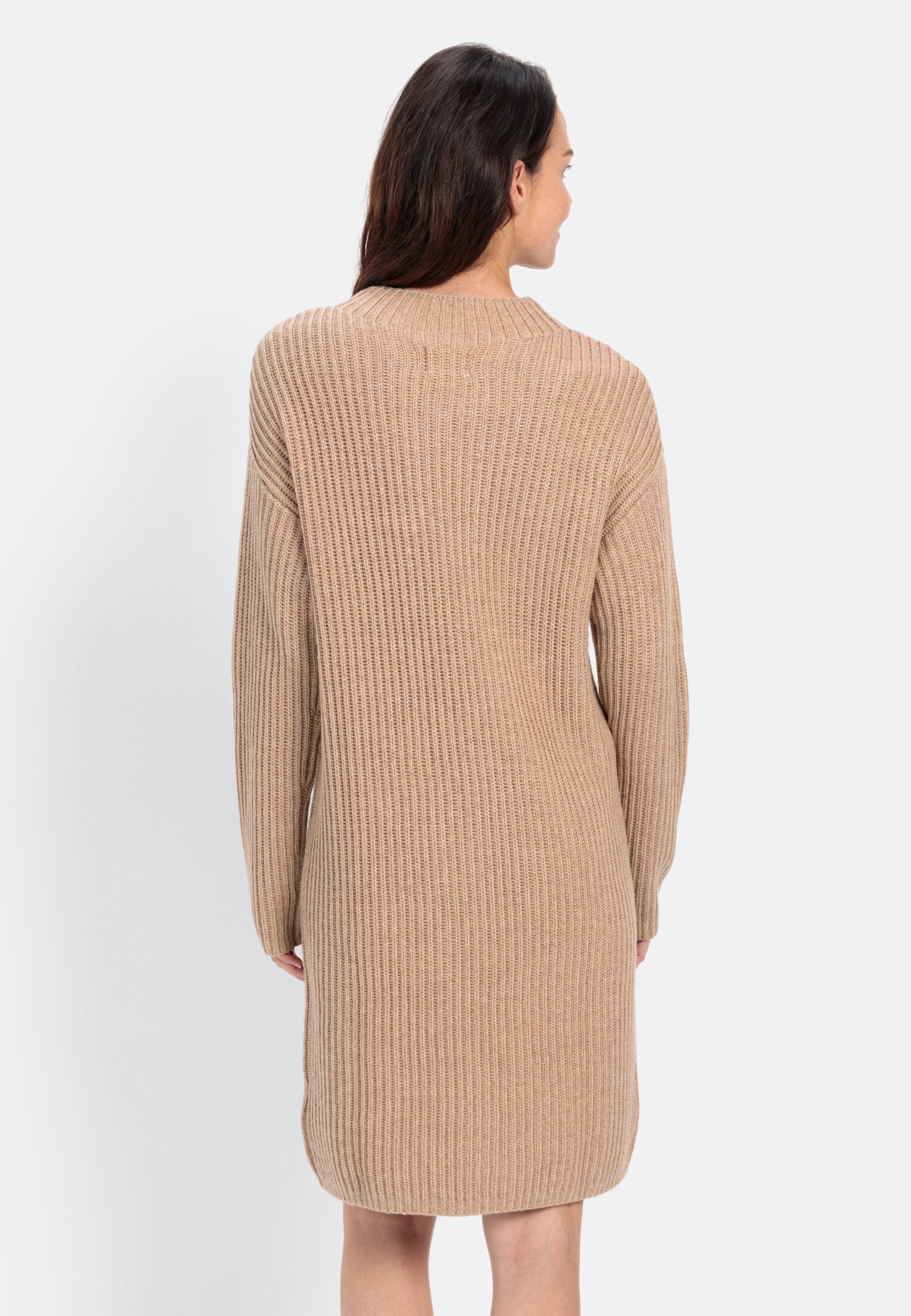 Women Knitted dress with stand-up collar Beige worn back