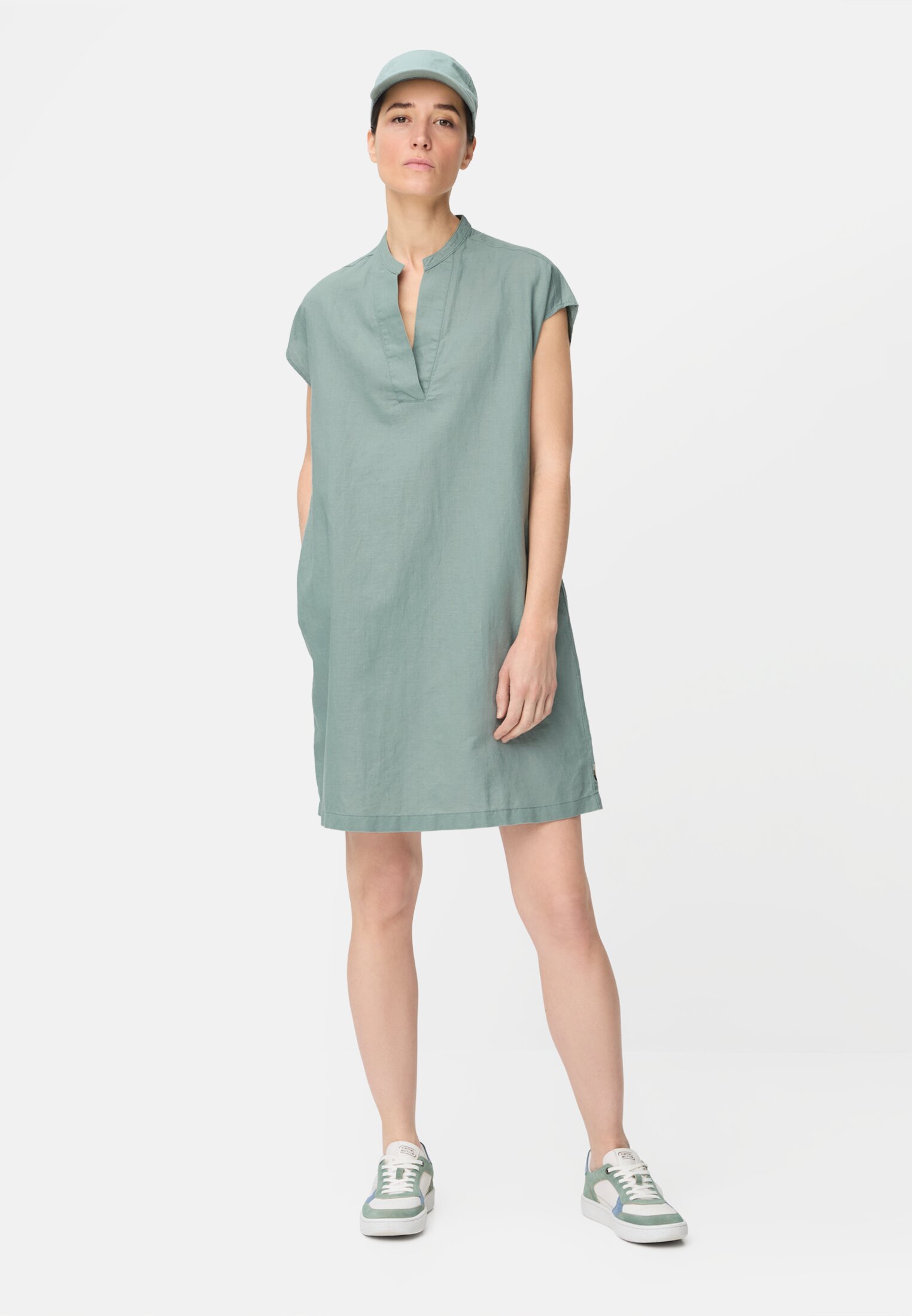 Women Dress with side pockets Jade Blue worn front full body