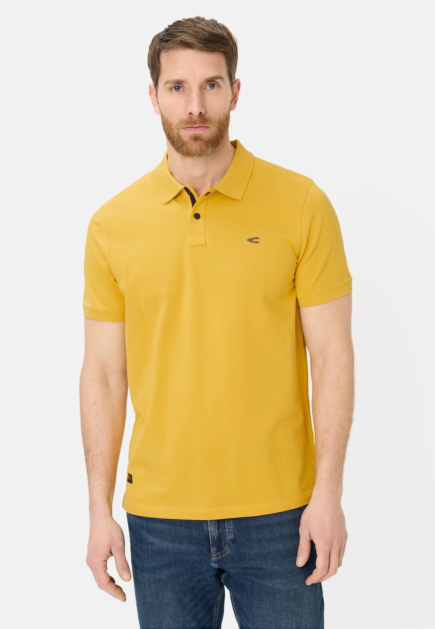Herren Poloshirt mit Kontrastdetails Sonnengelb getragen vorn