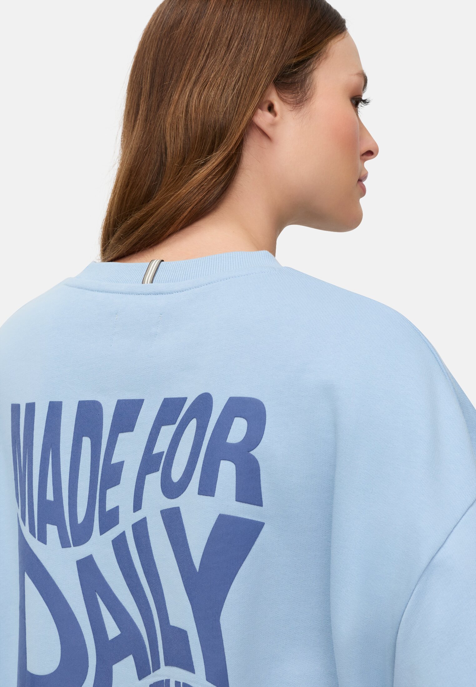 Women Sweatshirt with back print Light Blue worn detail close
