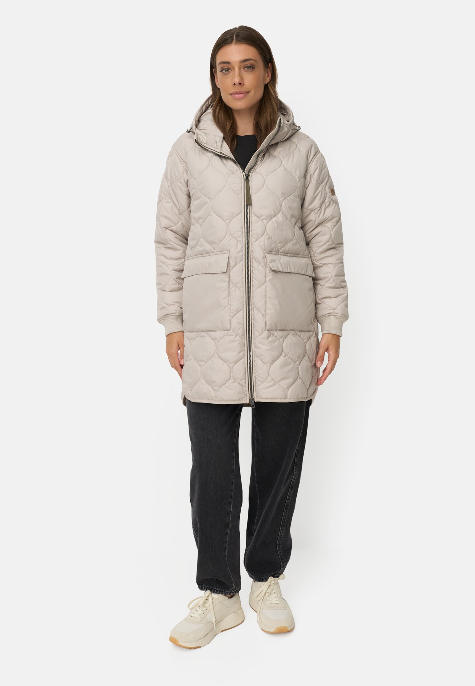 Women Windproof coat with oversized fit Grey worn front full body