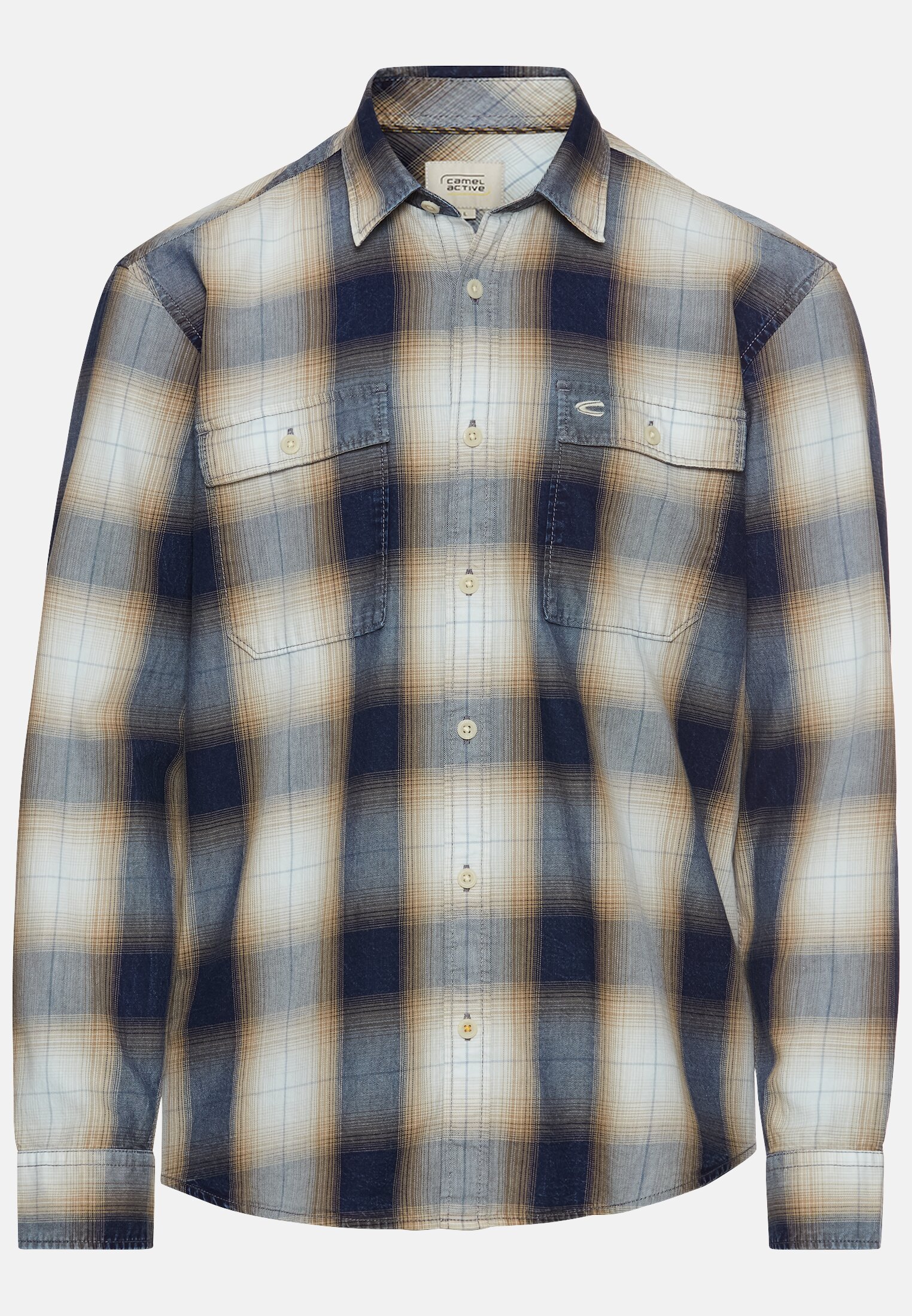 Herren Regular FIt Langarmhemd aus Baumwolle Blau-Beige