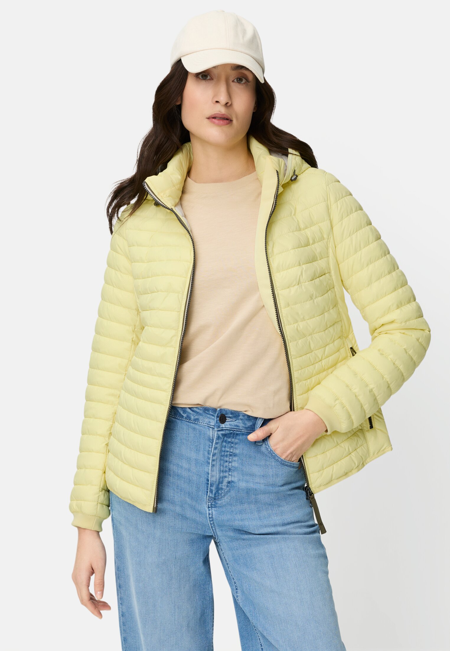 Damen Gefütterte Jacke mit abnehmbarer Kapuze Gelb getragen vorn