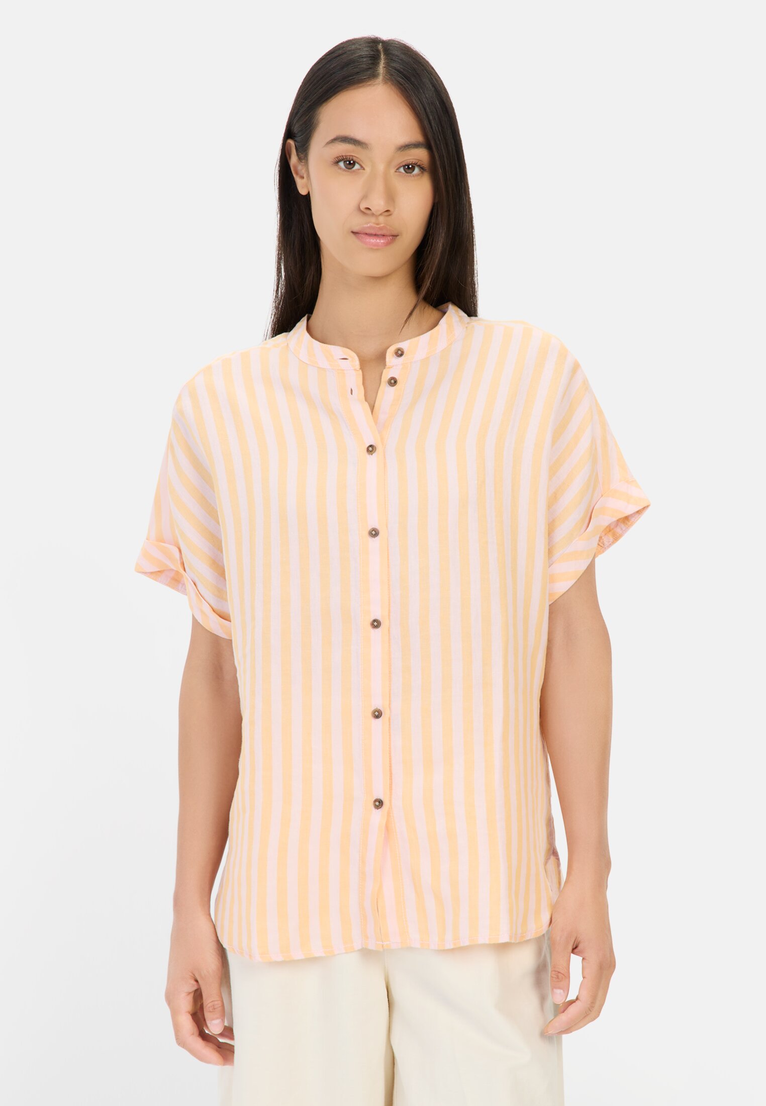 Damen Gestreifte Bluse aus Leinen-Lyocell-Mix Orange getragen vorn
