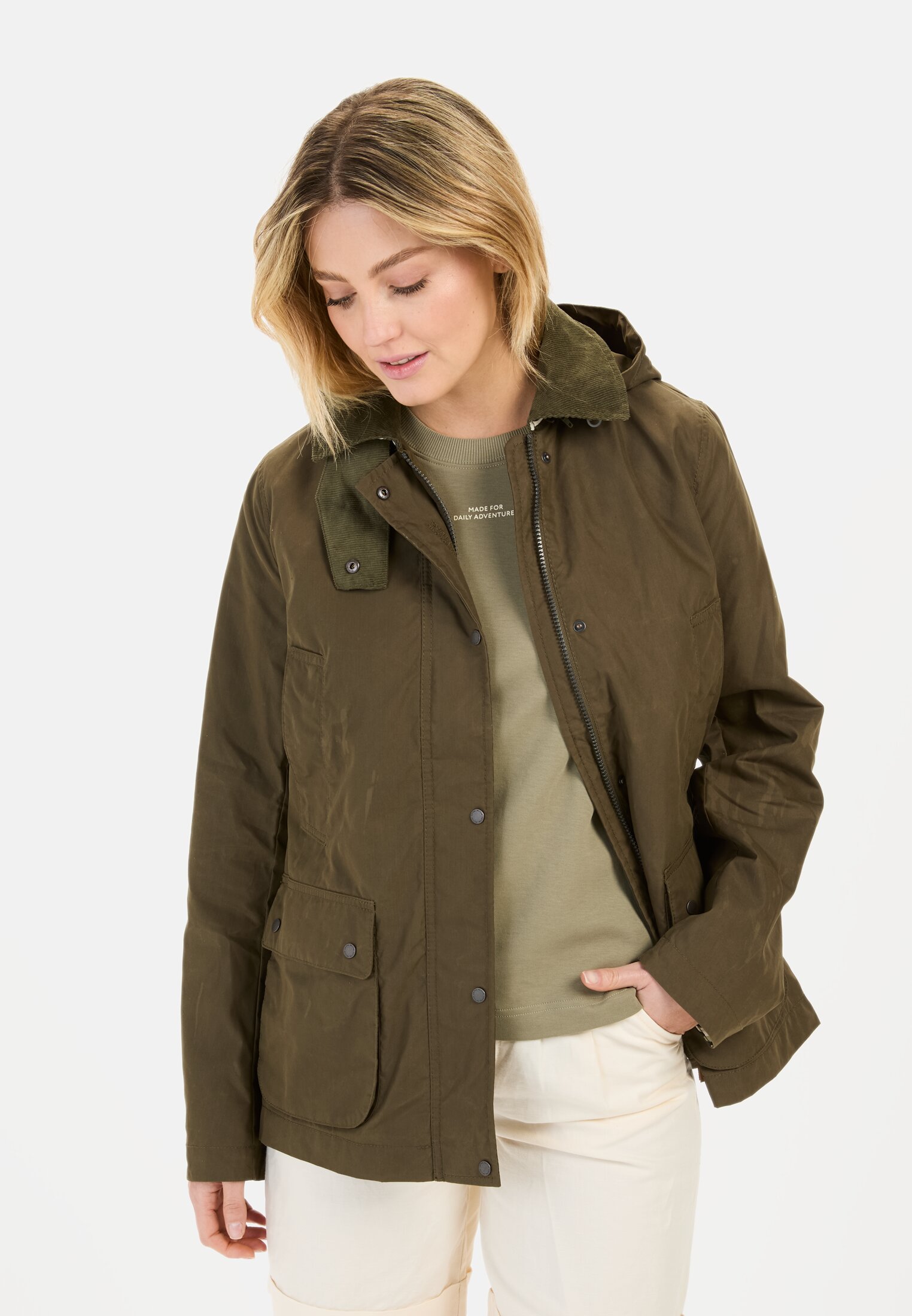 Women Field jacket with corduroy collar Dark Khaki worn front