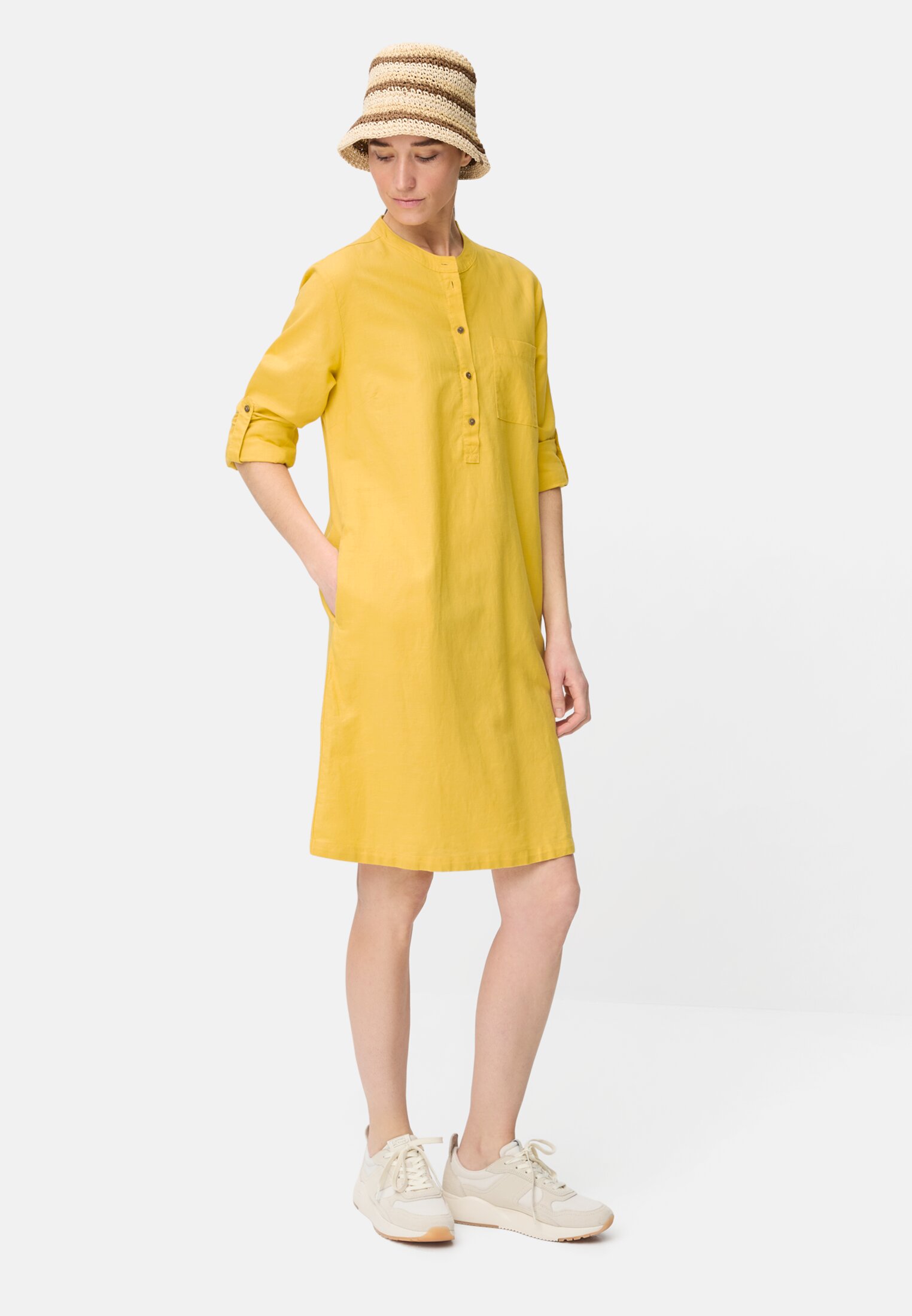 Women Shirt dress with stand-up collar Yellow worn front full body