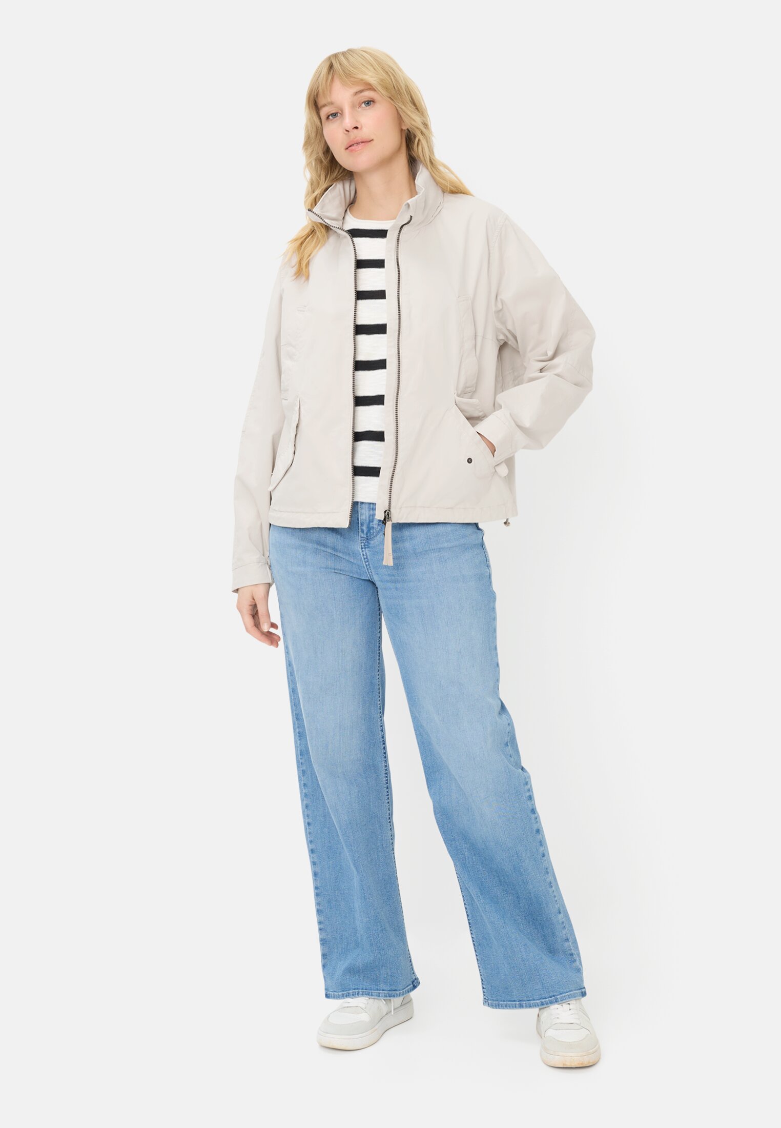 Women Jacket with roll-out hood Pearl White worn front full body