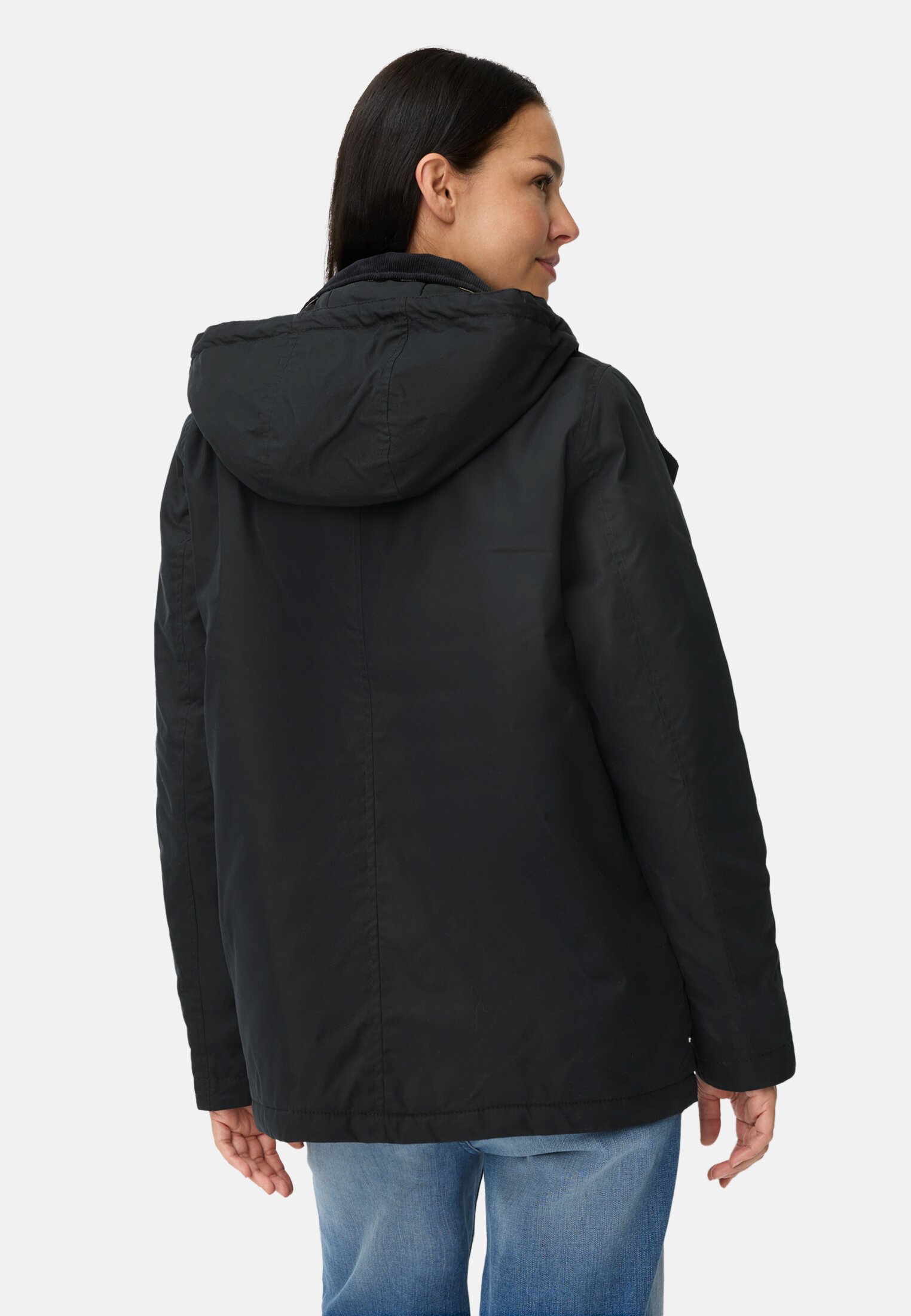 Women Outdoor Jacket with removable hood and corduroy collar Dark blue worn back
