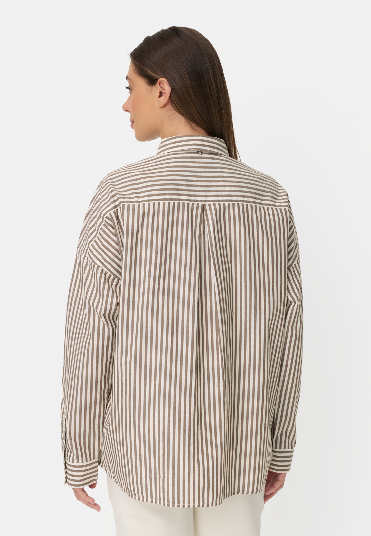 Women Cotton blouse with button placket Brown worn back