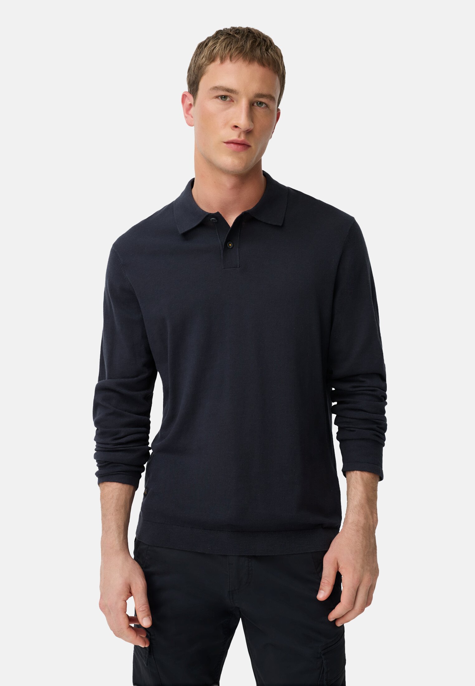 Heren Licht poloshirt met lange mouwen gemaakt van puur katoen Marineblauw gedragen voor