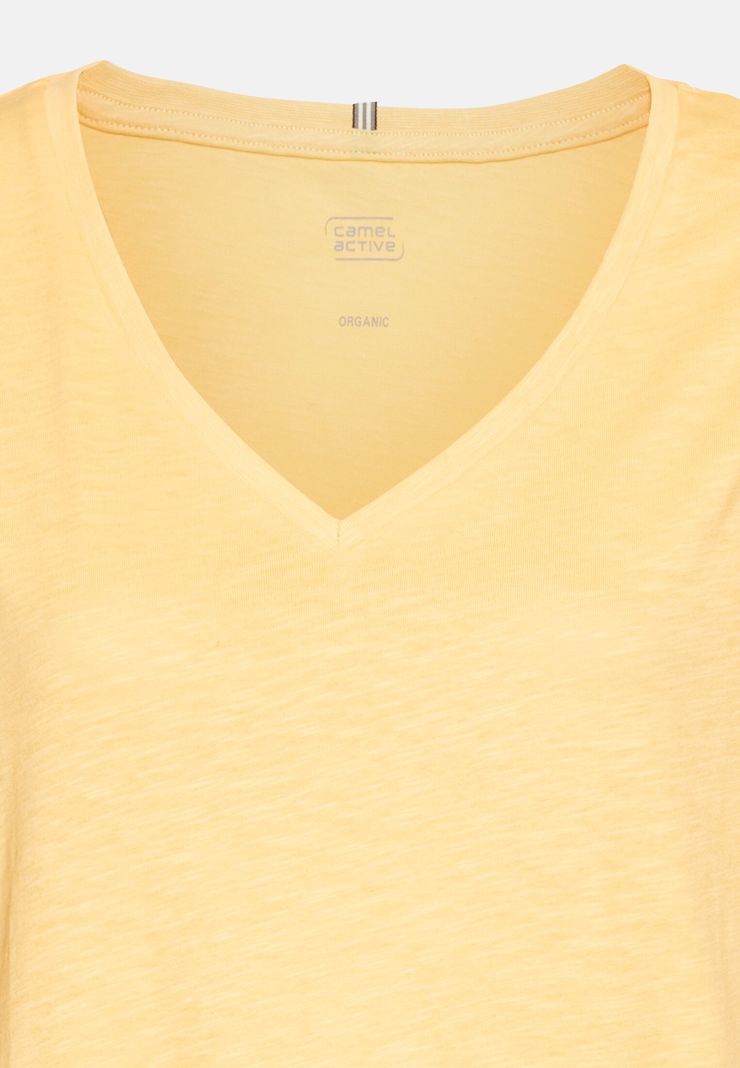Women V-neck T-shirt made of pure cotton Yellow front close