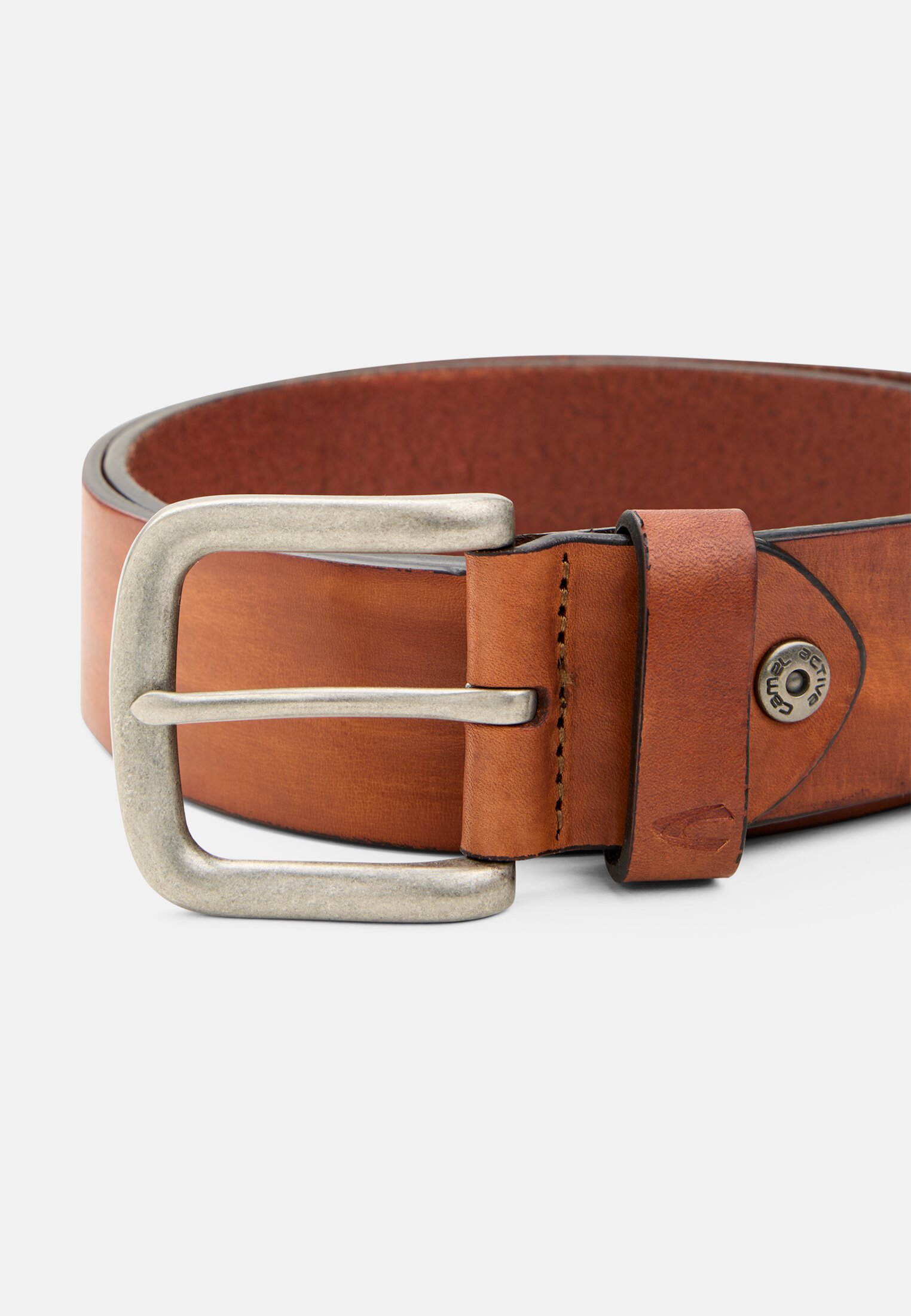 Men Leather belt with adjustable details Cognac frontal top