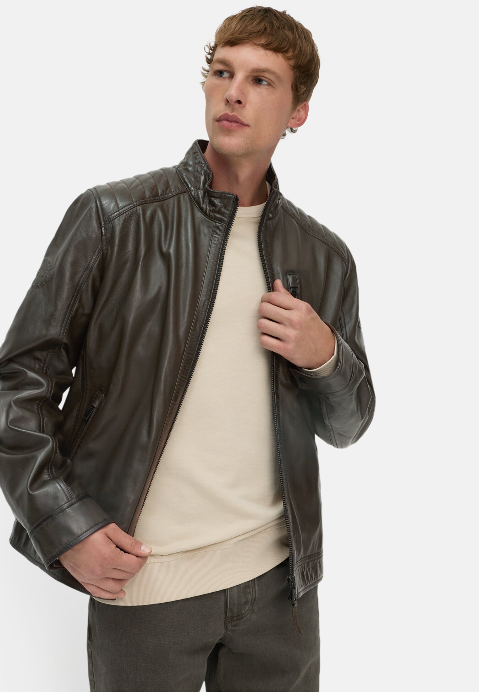 Men Leather biker jacket with stand-up collar Green worn emotional