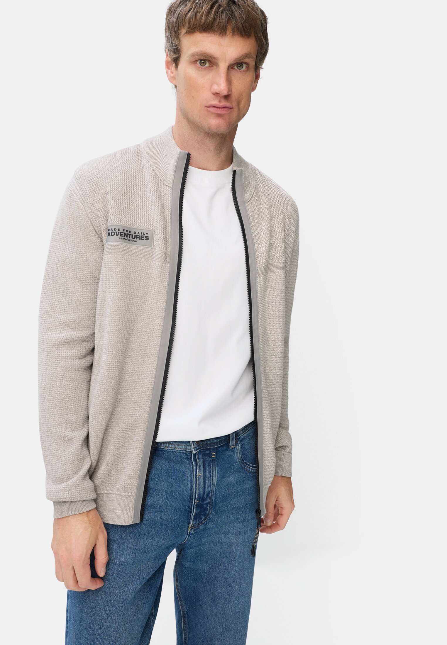 Men Cardigan with contrast details and stand-up collar Grey worn emotional