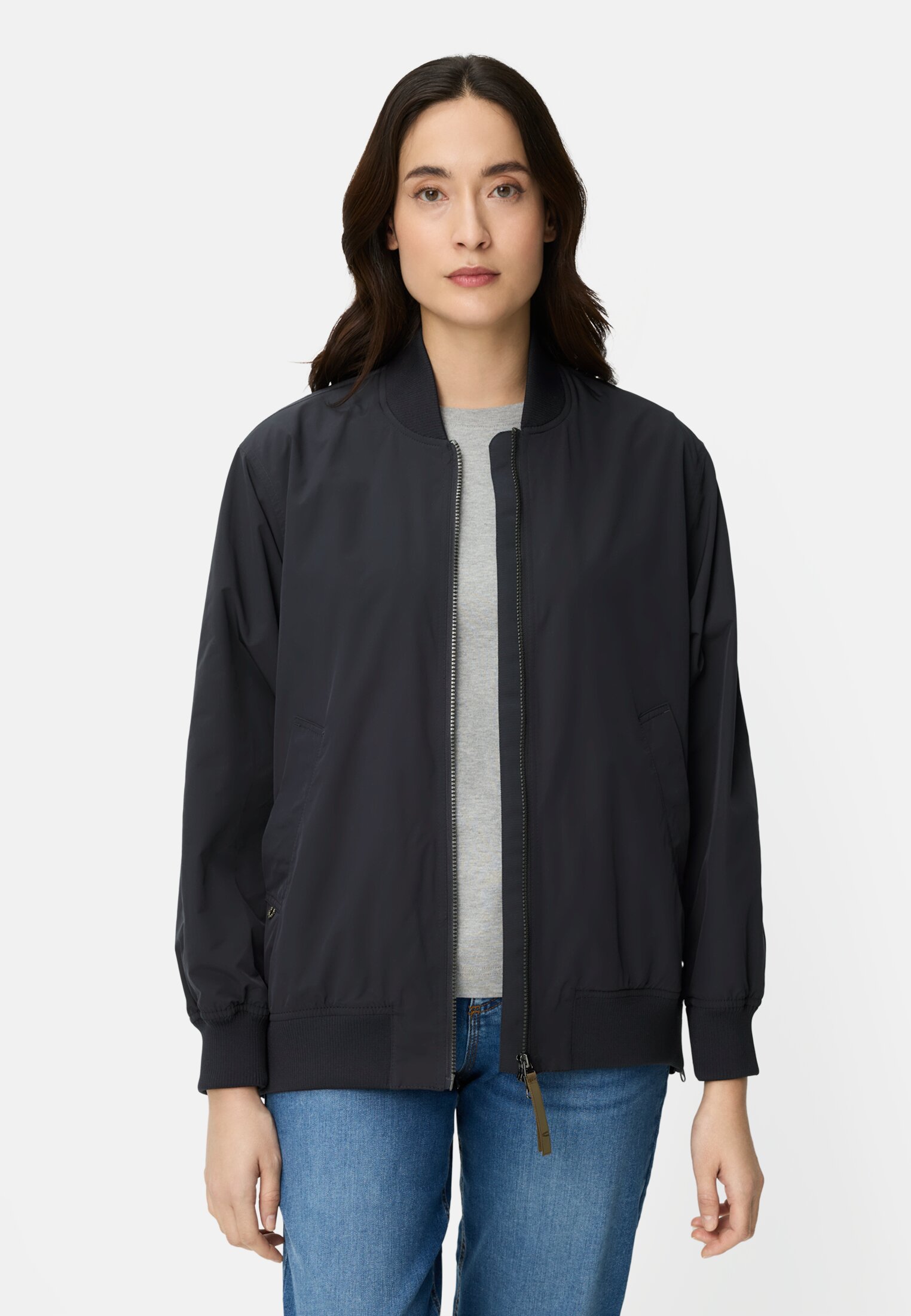 Damen Bomberjacke mit seitlichem Reißverschluss Navyblau getragen vorn