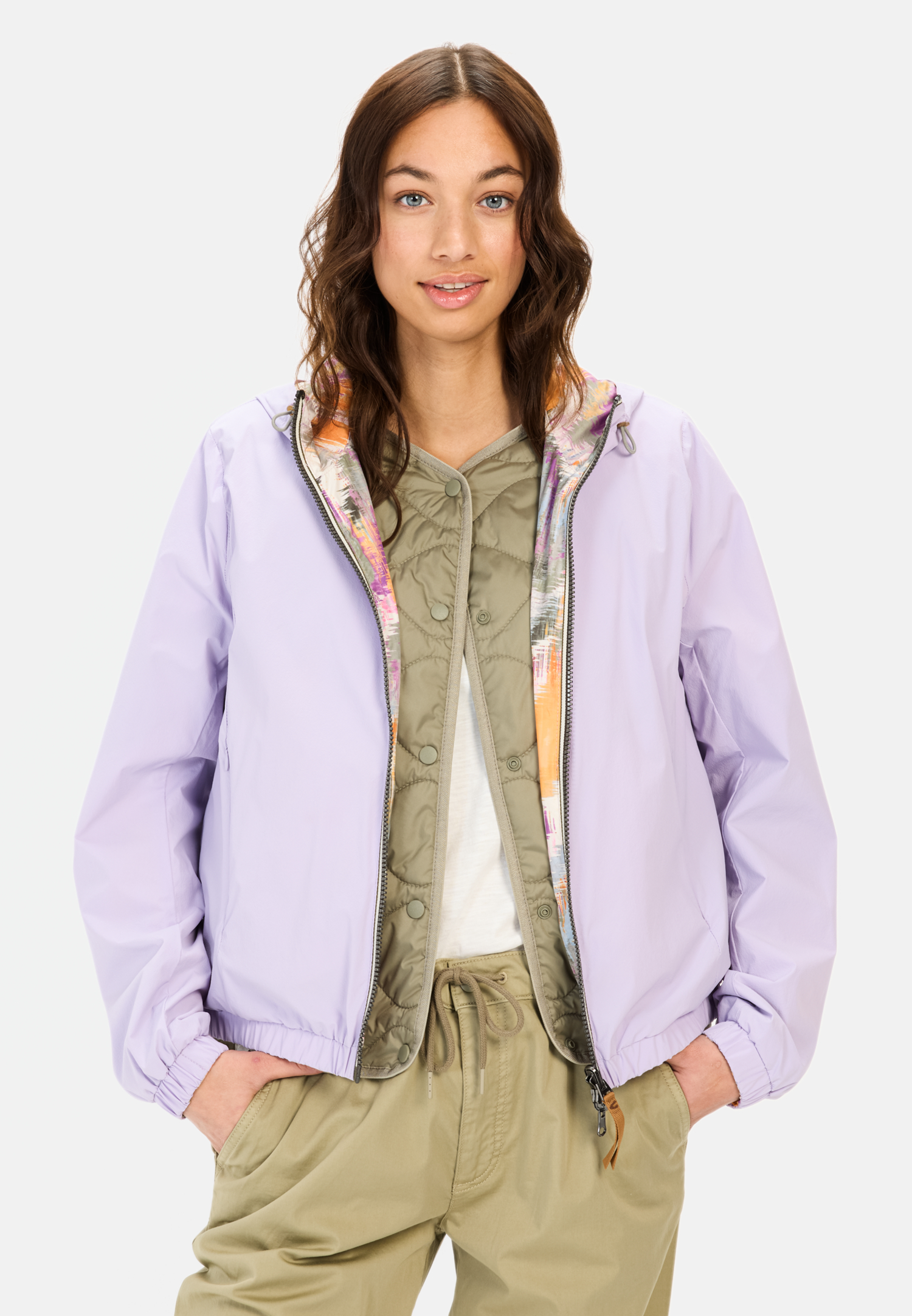 Women Reversible jacket with all-over print and solid-colored side Violet worn front