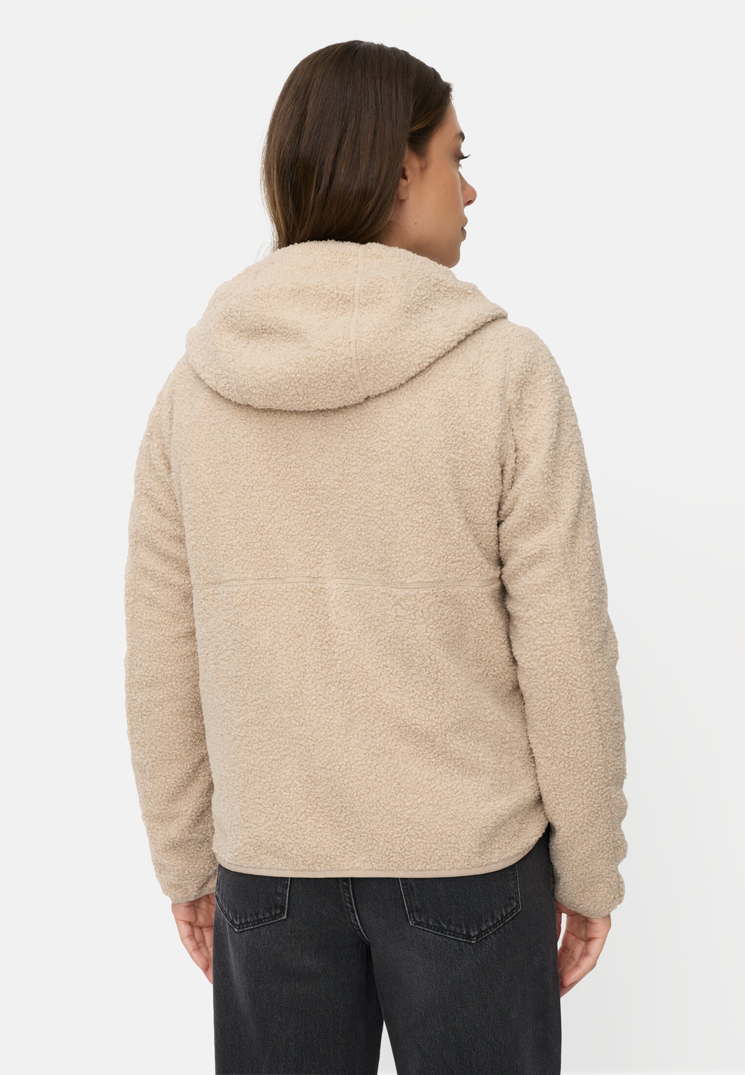 Damen Teddyjacke mit wärmenden Taschenfutter Hafer getragen hinten