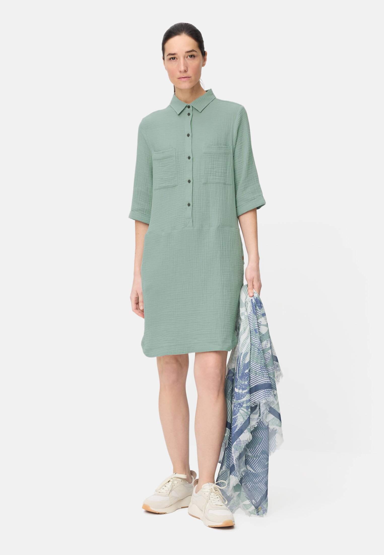 Women Summer dress with button placket Jade Blue worn front full body