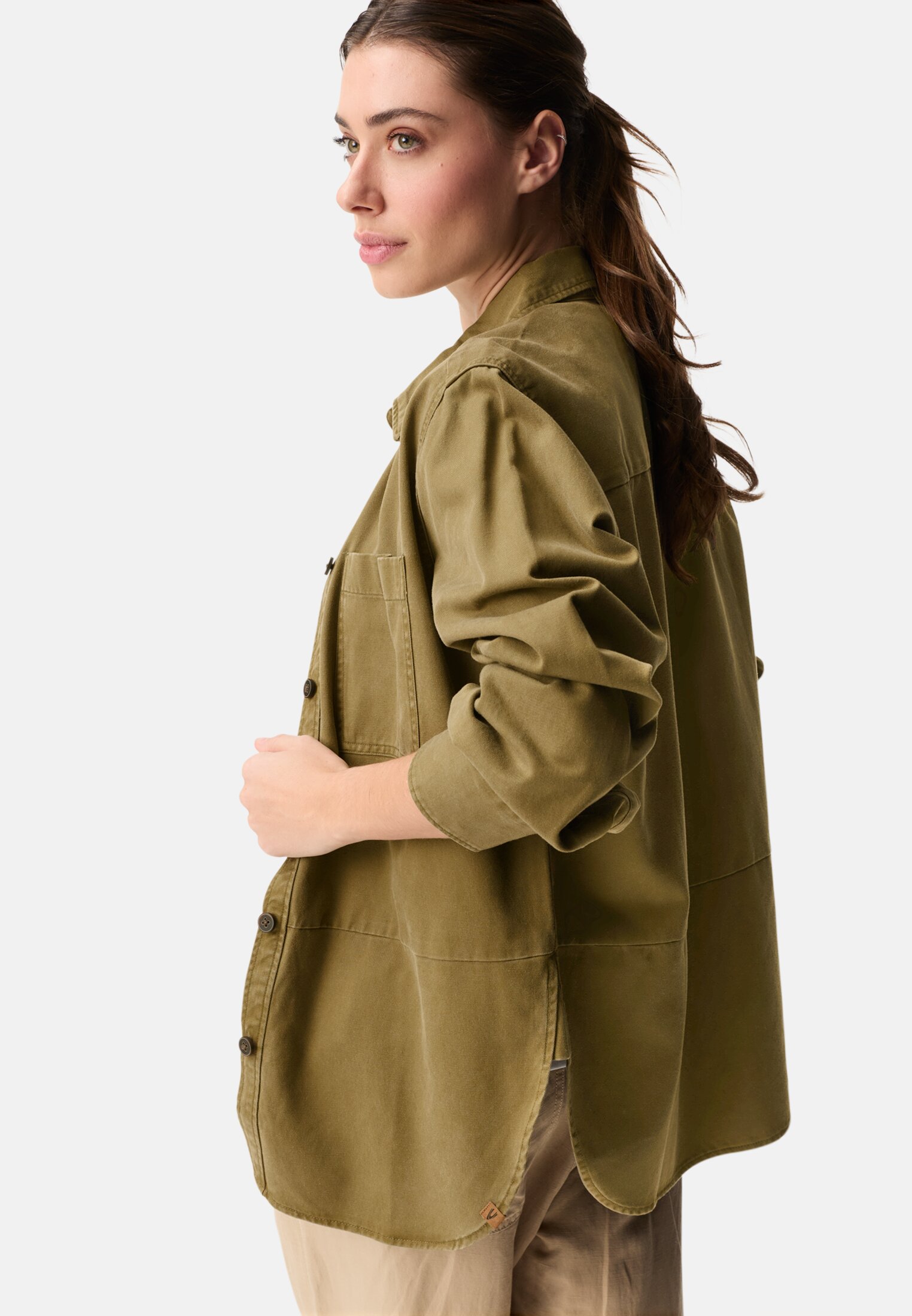 Women Blouse with button placket Olive worn emotional